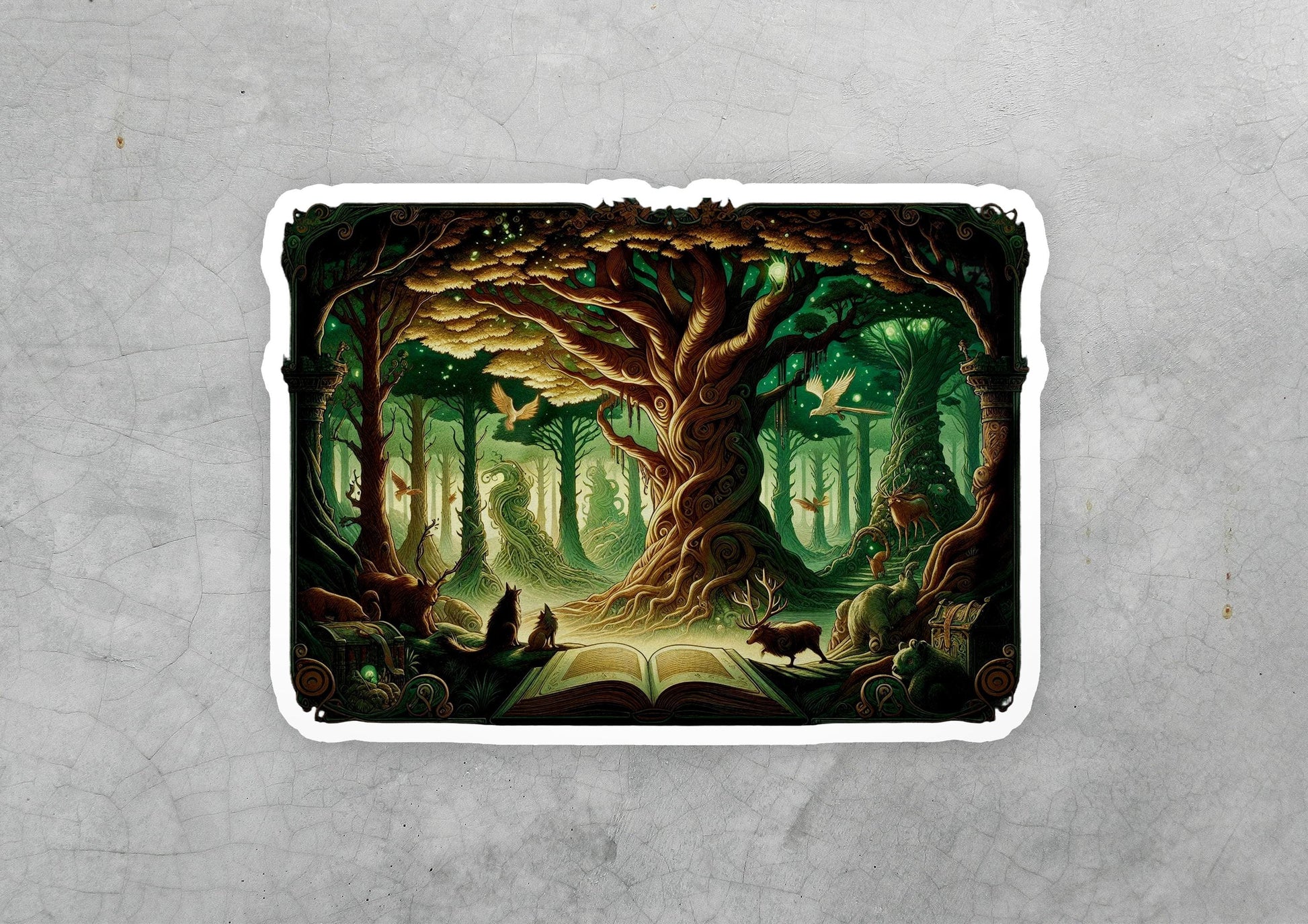 a sticker of a forest with animals and trees