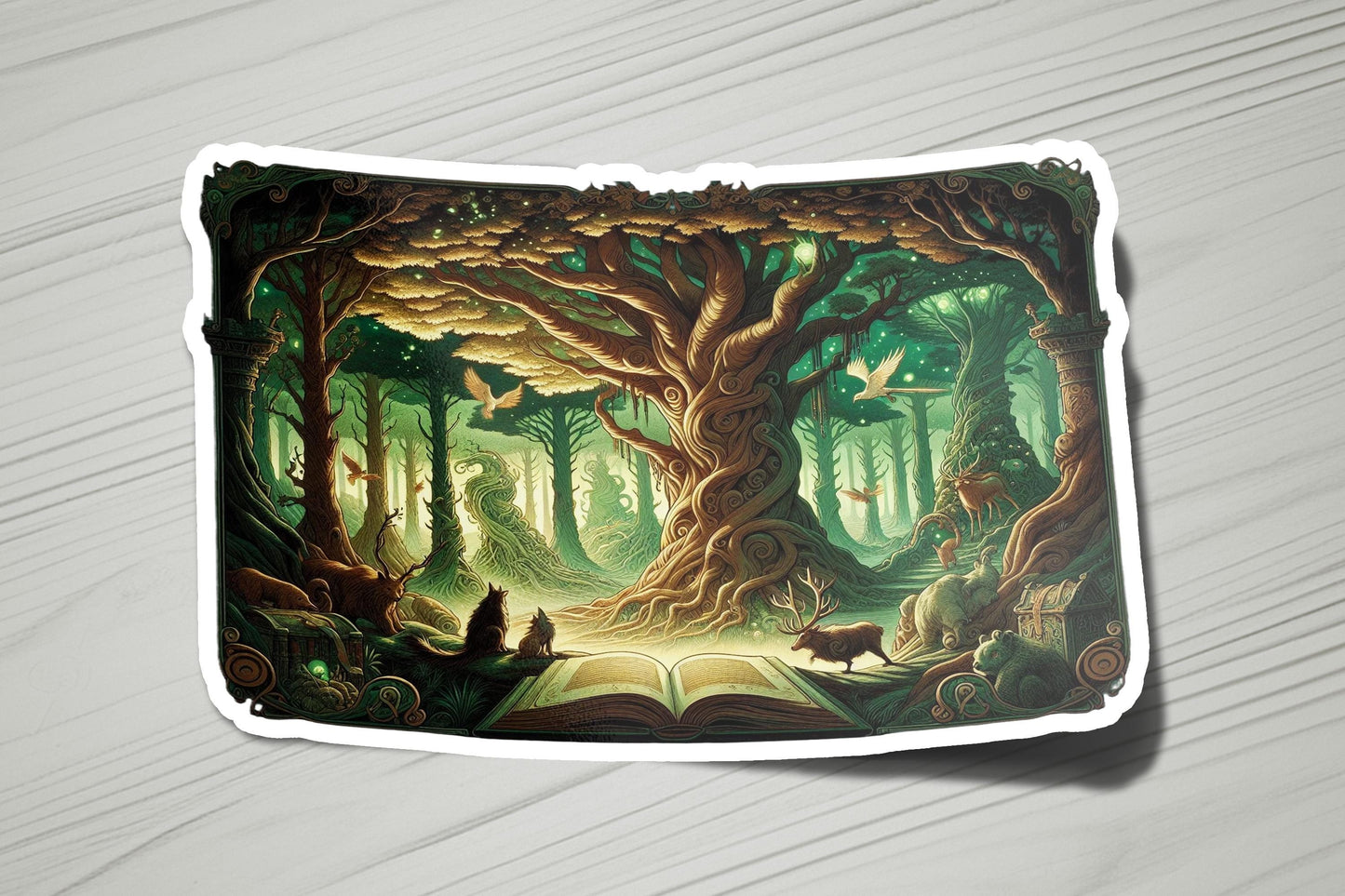 a sticker with a painting of a forest scene