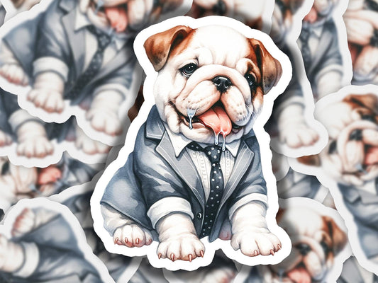 a sticker of a dog wearing a suit and tie
