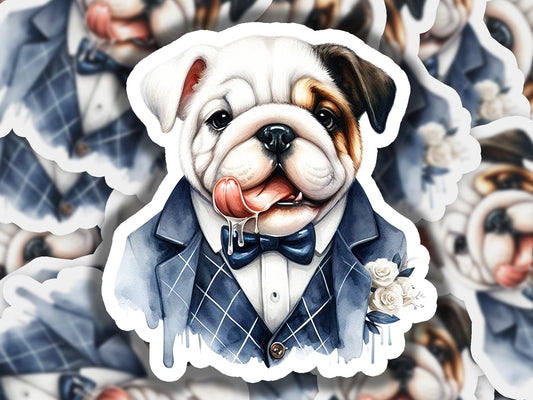 a picture of a bulldog wearing a tuxedo