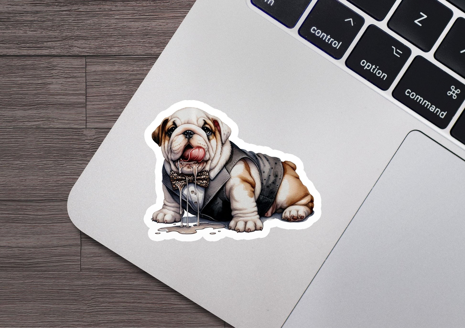 a sticker of a bulldog wearing a vest