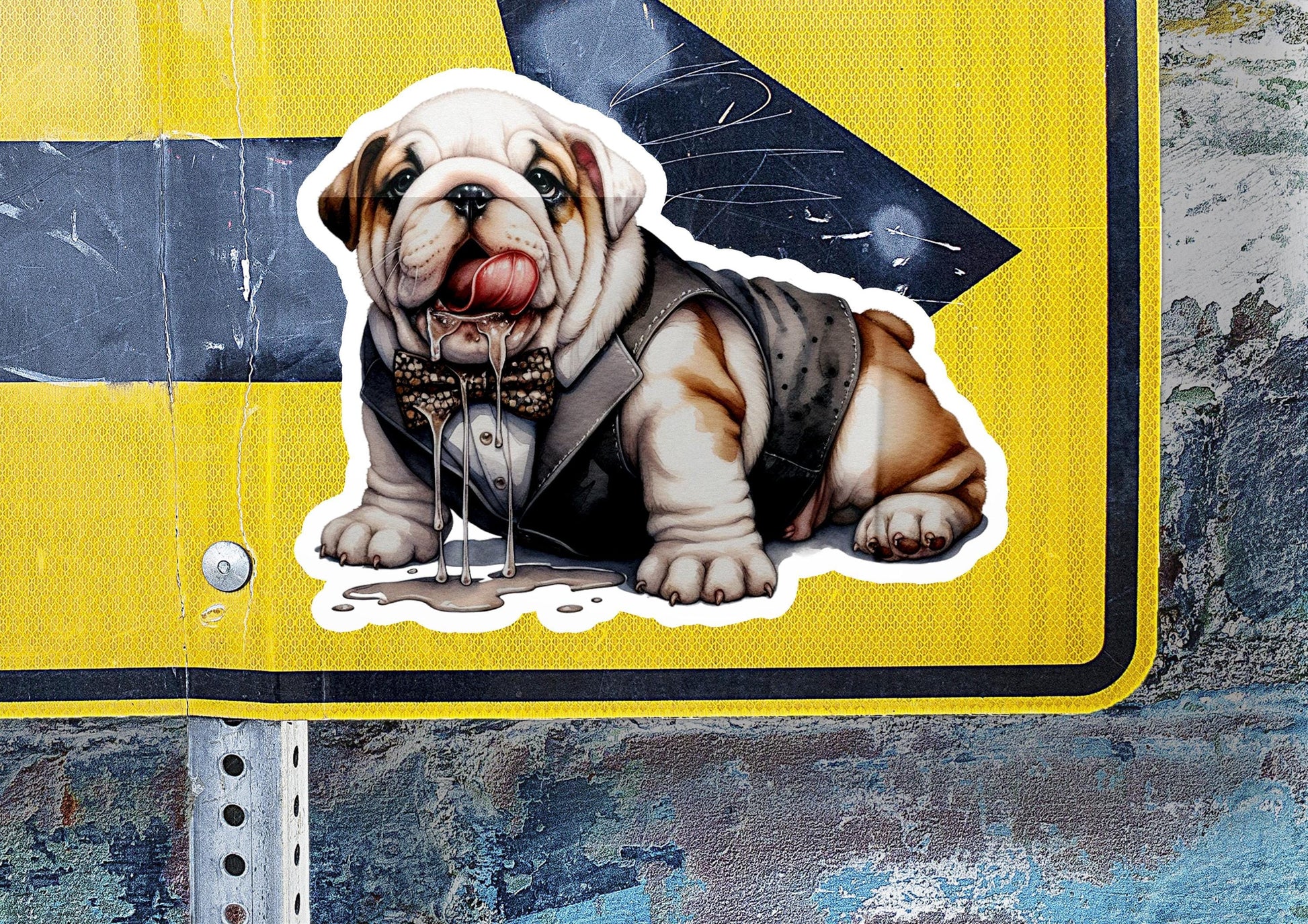 a sticker of a dog with a bow tie