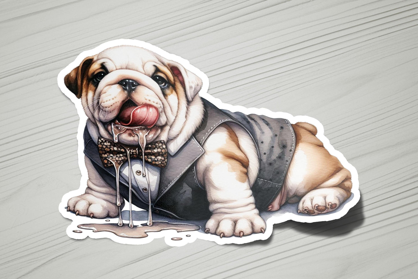 a sticker of a bulldog wearing a vest and bow tie