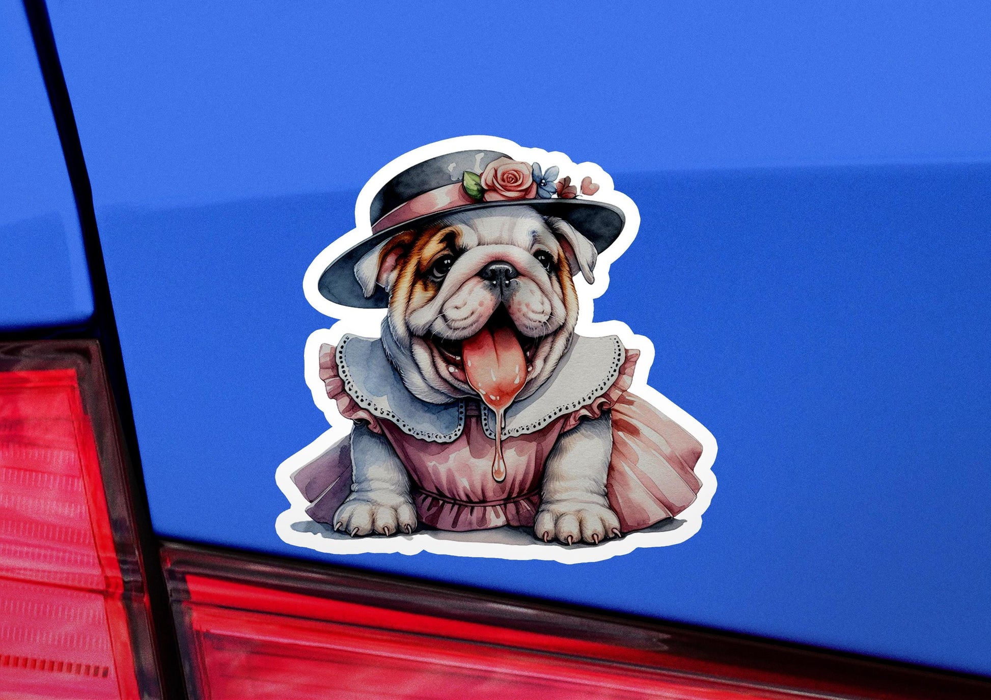 a sticker of a dog wearing a dress and a hat