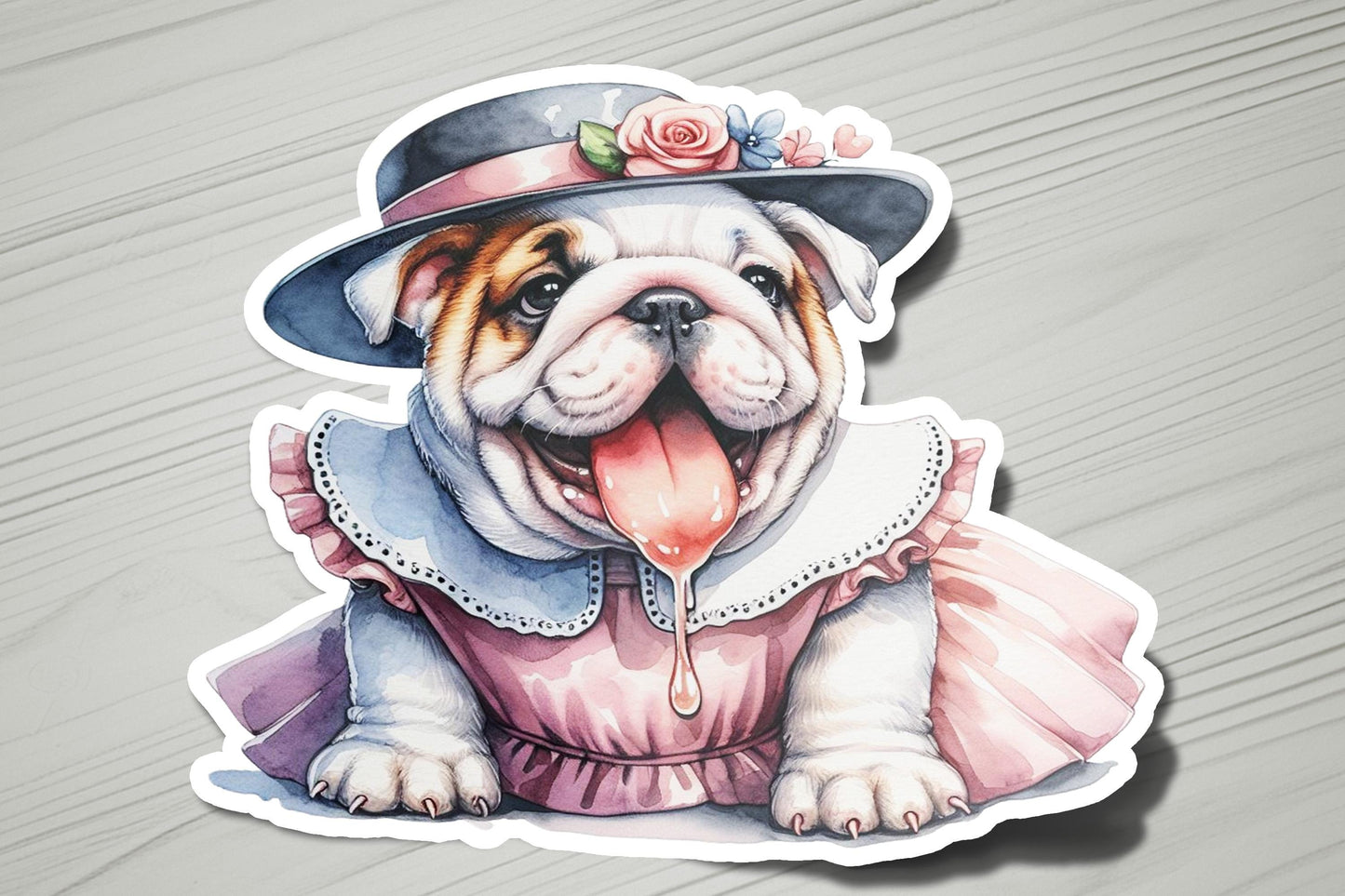 a sticker of a dog wearing a dress and a hat