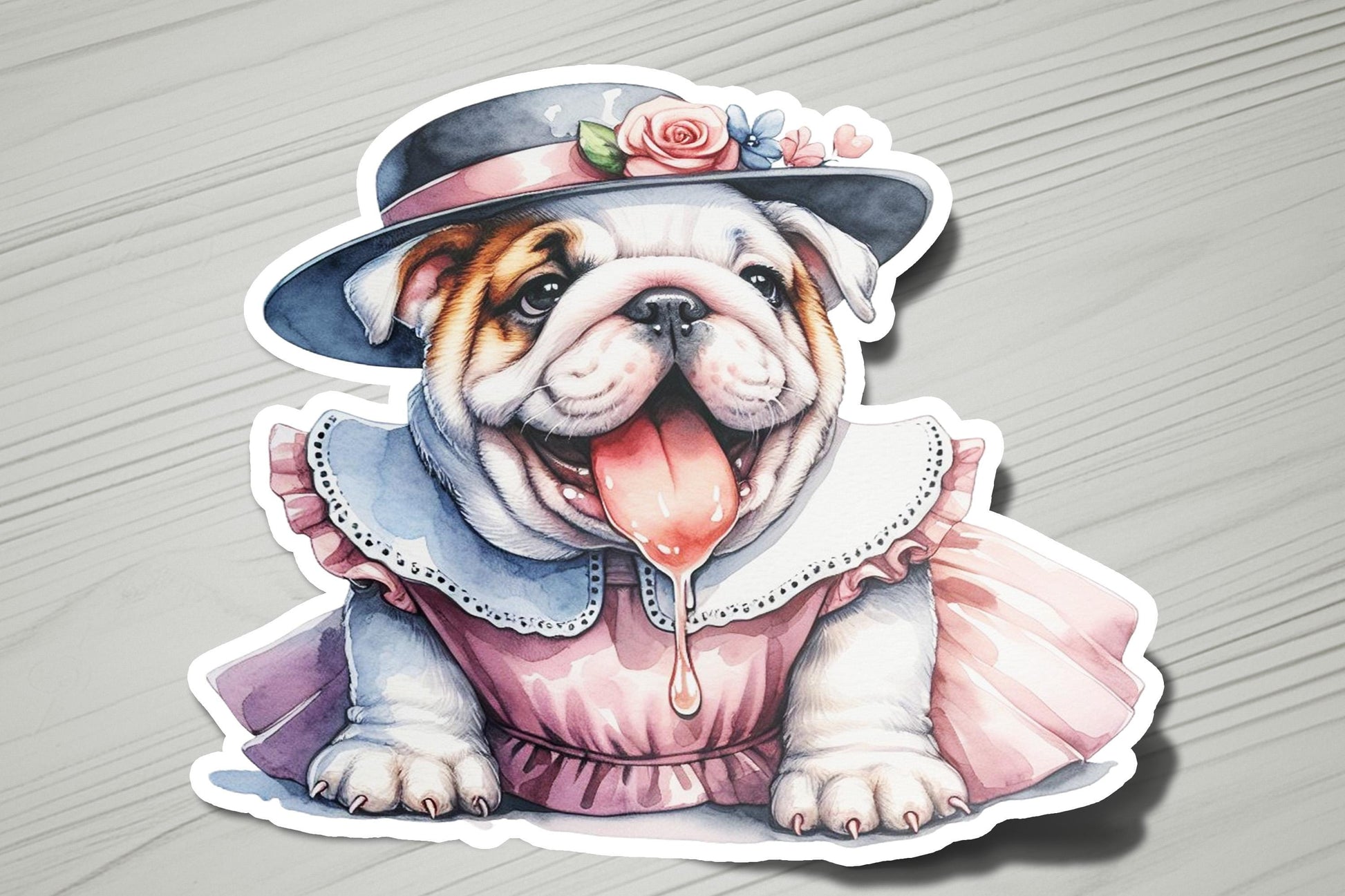 a sticker of a dog wearing a dress and a hat