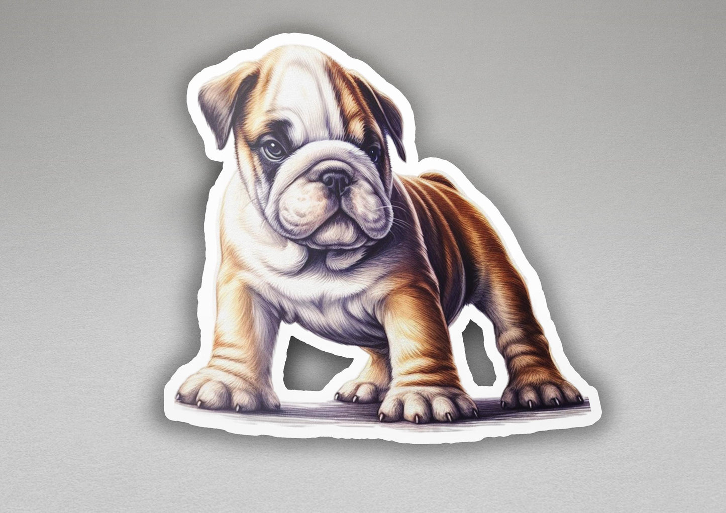 a brown and white dog sticker sitting on top of a table