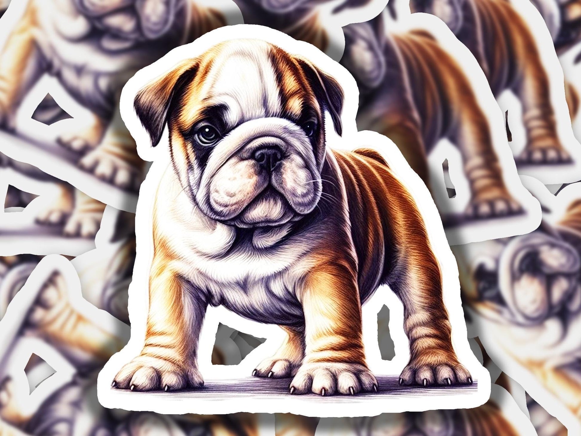 a sticker of a brown and white dog