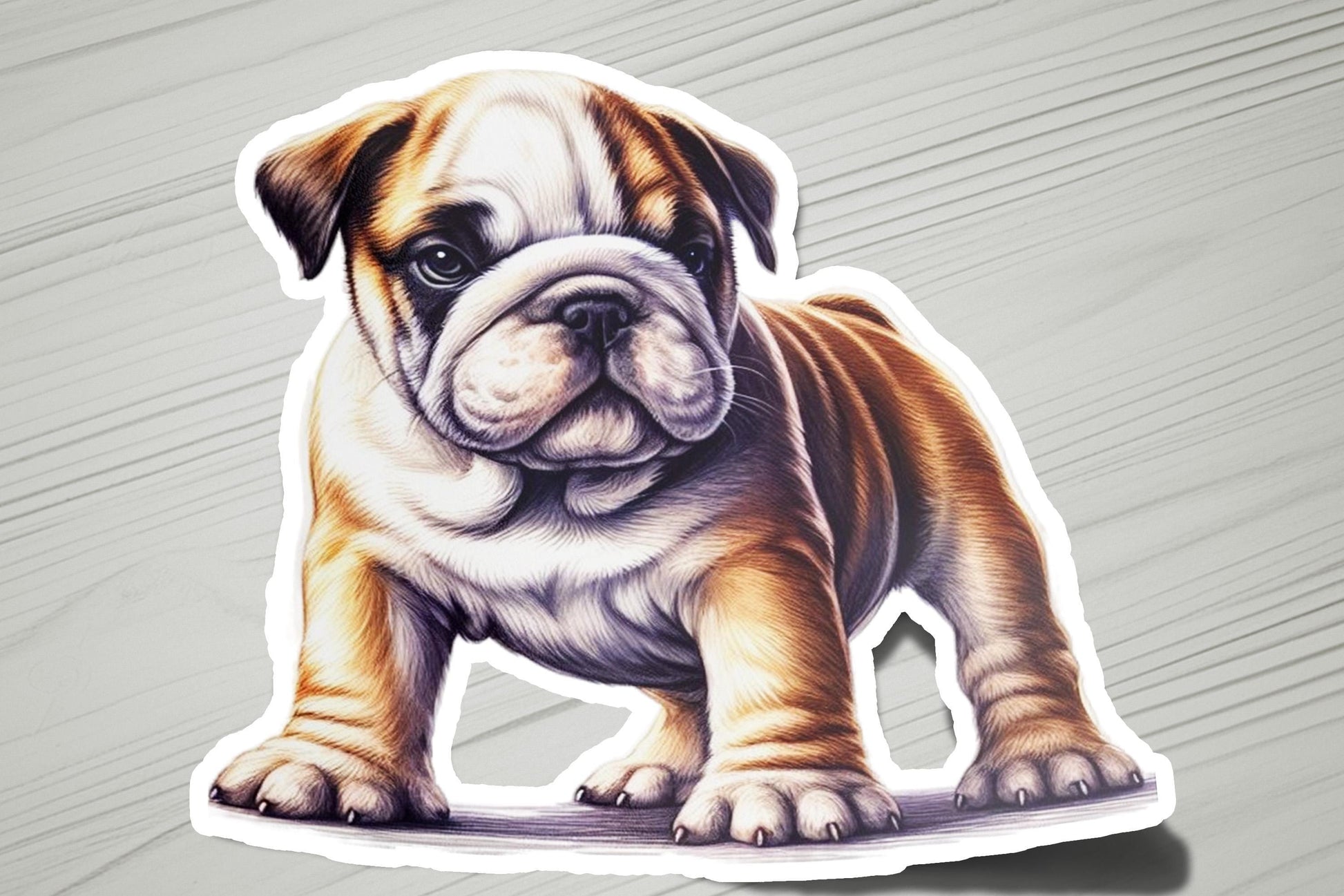 a brown and white dog sticker sitting on top of a table