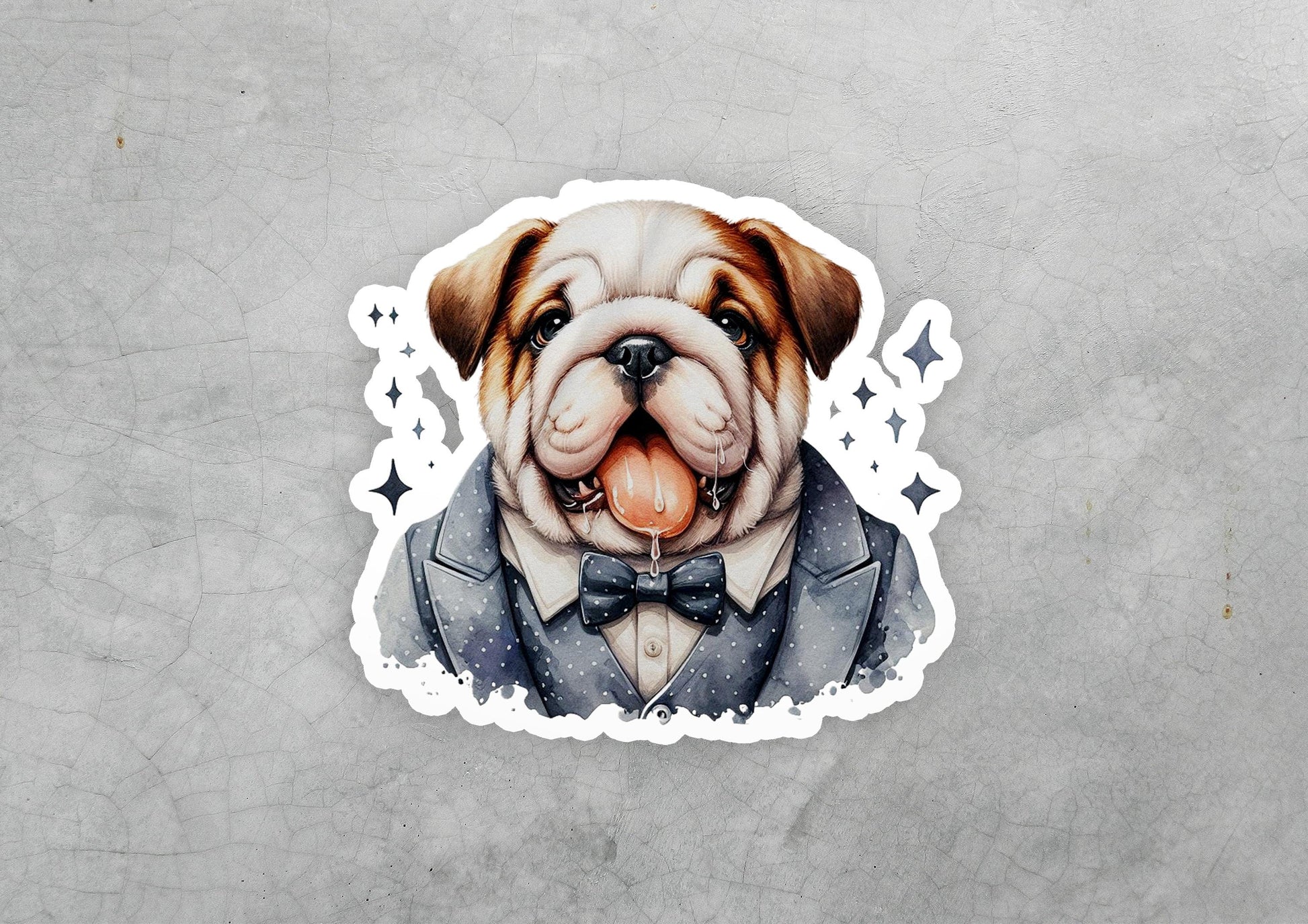 a sticker of a dog wearing a tuxedo