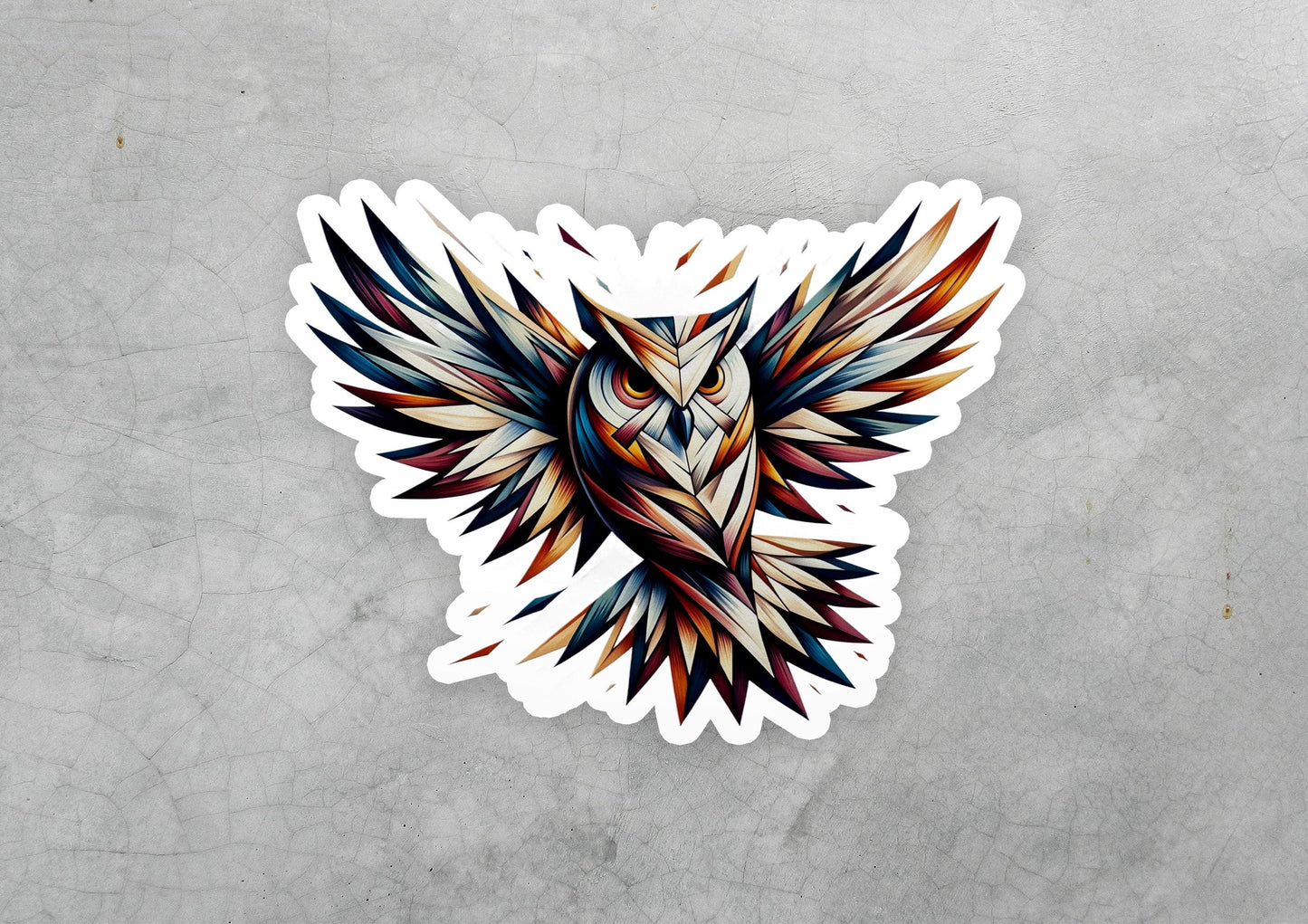 a sticker of an owl with colorful wings