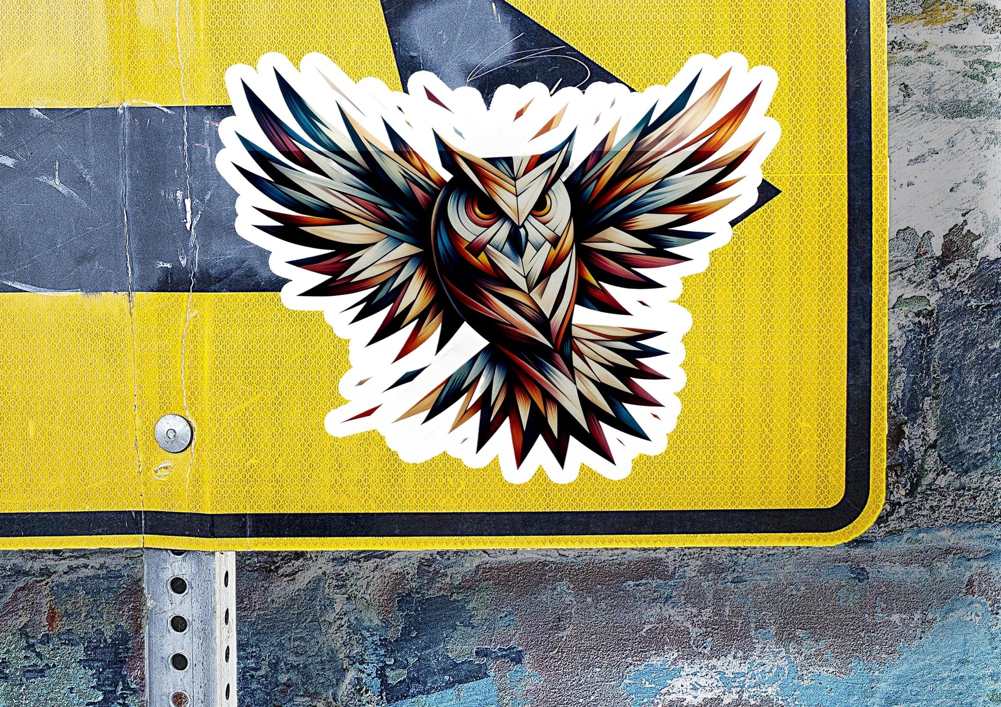 a sticker of an owl on a street sign