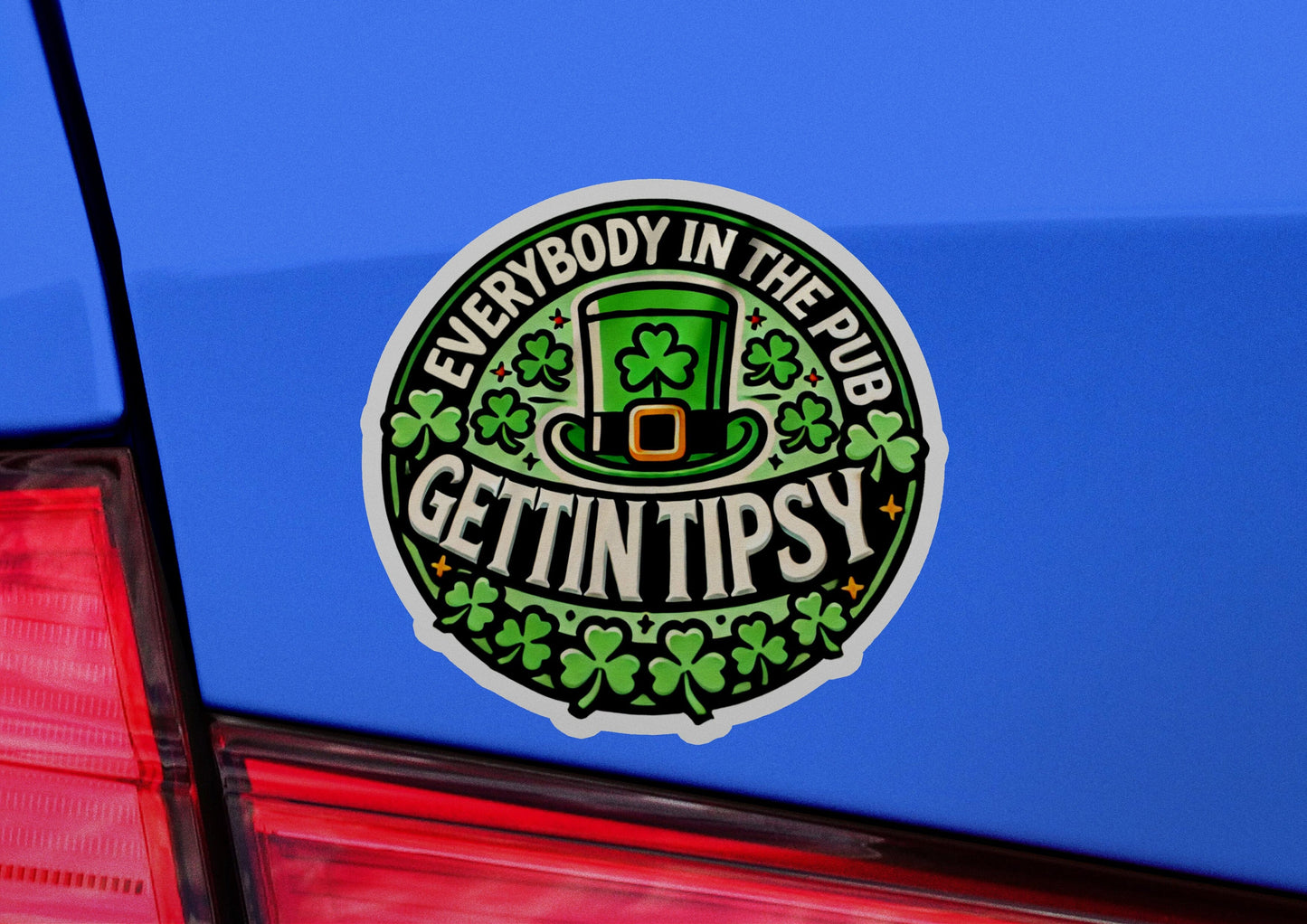 a st patrick's day sticker on the back of a car