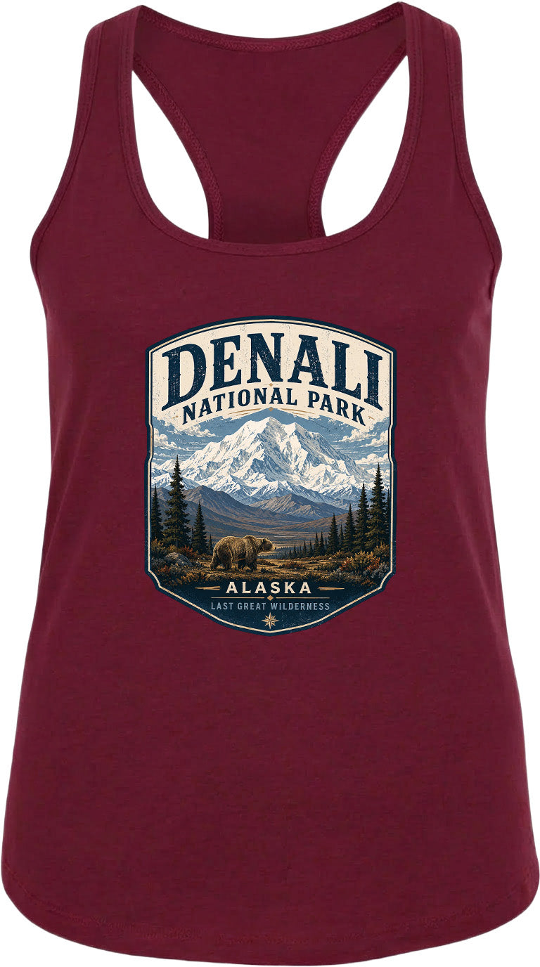 A red tank top with a graphic design depicting Denali National Park and Alaska.