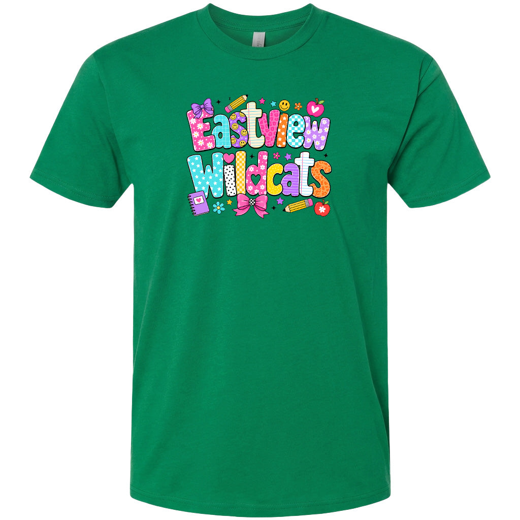 A green t-shirt with the text "Eastview Wildcats" printed on it.
