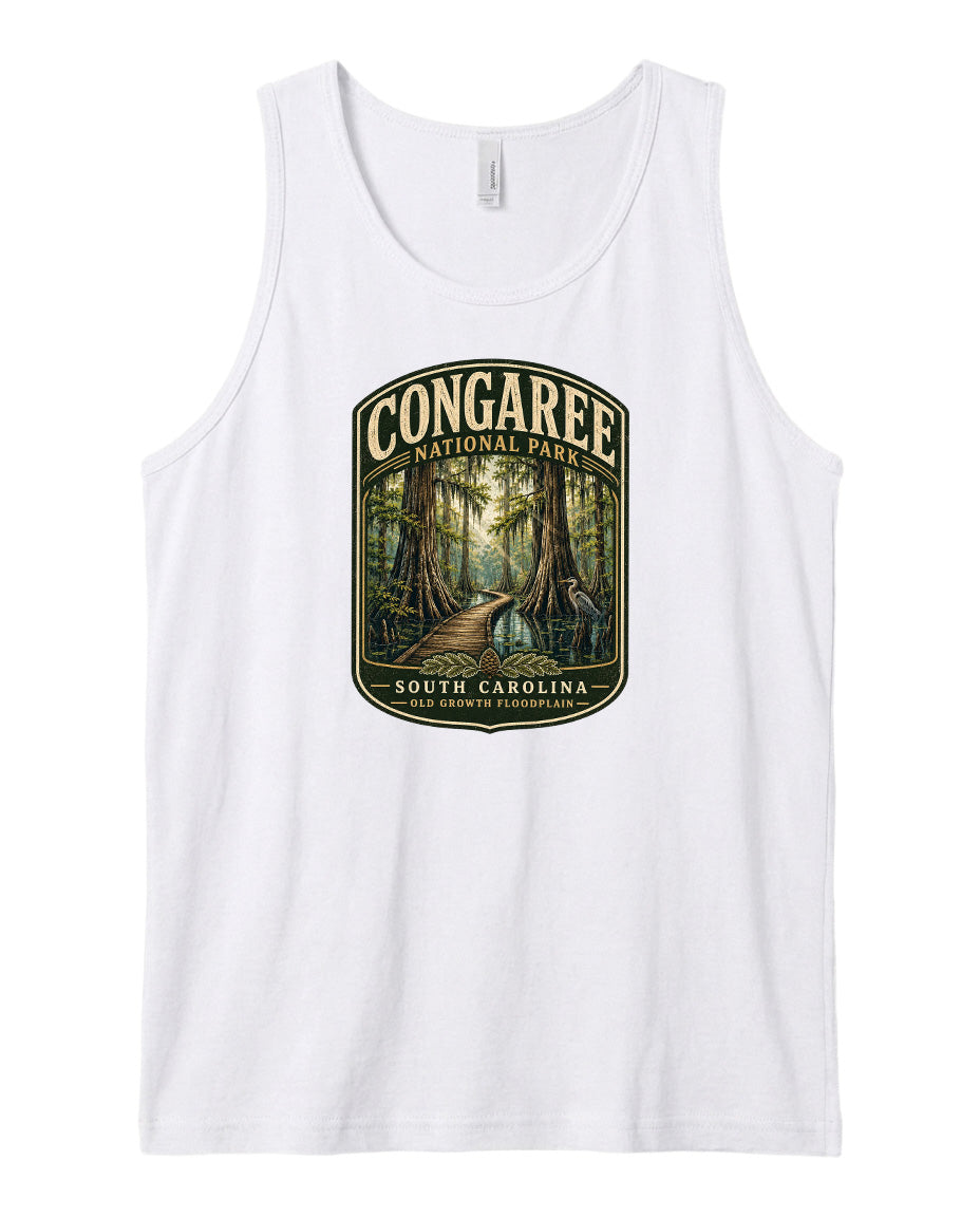 A white tank top with a graphic design depicting a forest scene with a path leading through it, surrounded by trees and foliage.