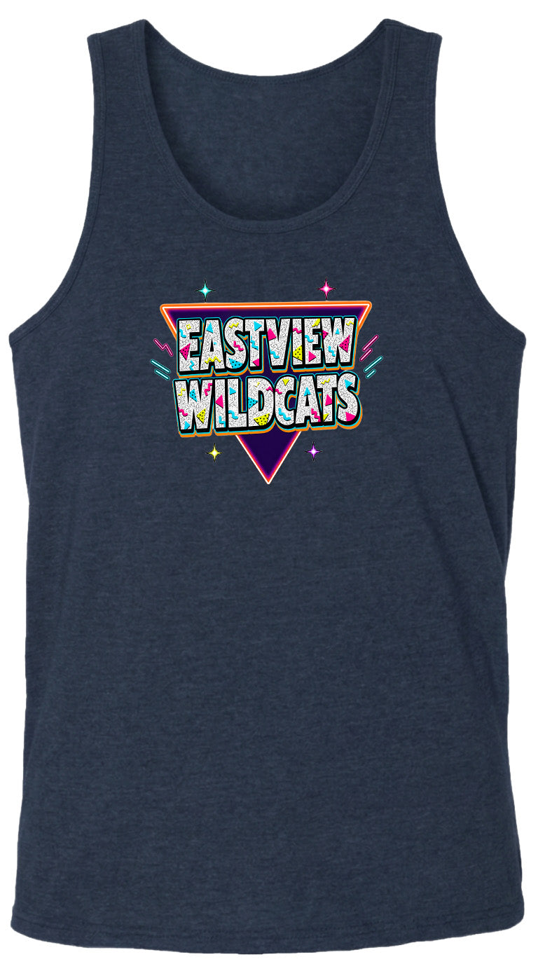 A dark blue tank top with a colorful graphic design featuring the text "EASTVIEW WILDCATS" in a retro style.