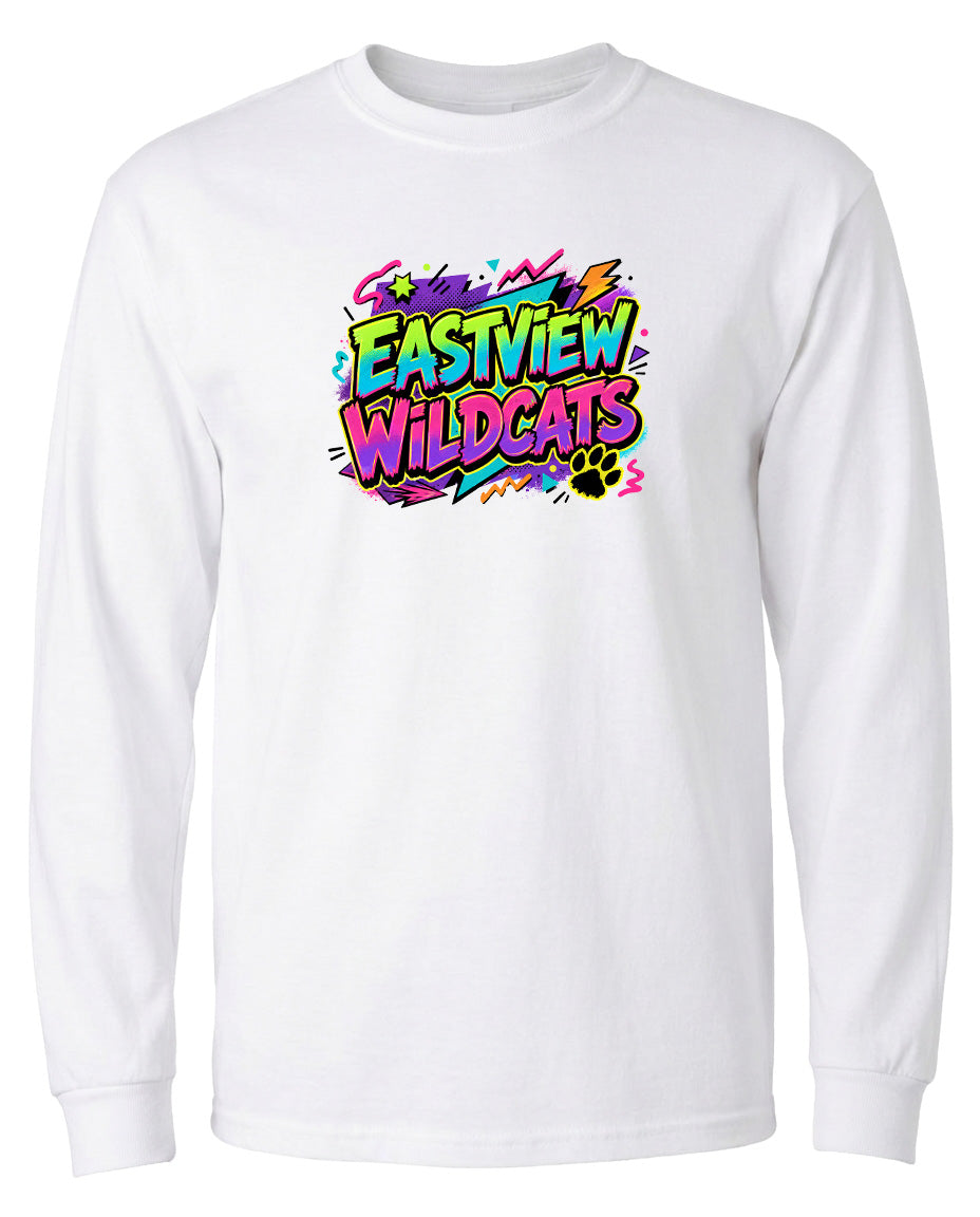 A white long-sleeved t-shirt with a colorful graphic design featuring the text "EASTVIEW WILDCATS" and various stylized elements.