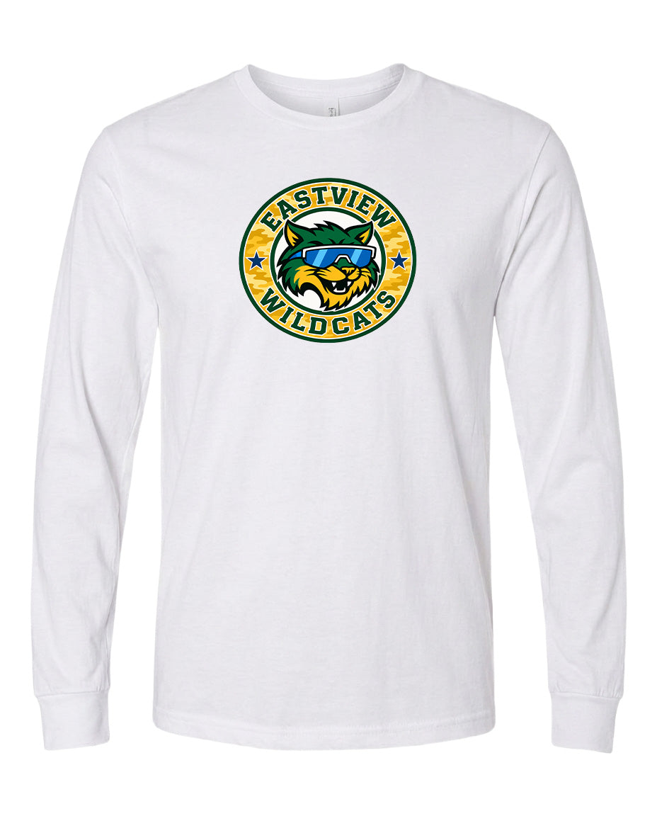 A white long-sleeved t-shirt with a circular logo featuring a cartoon-like wildcat wearing sunglasses.
