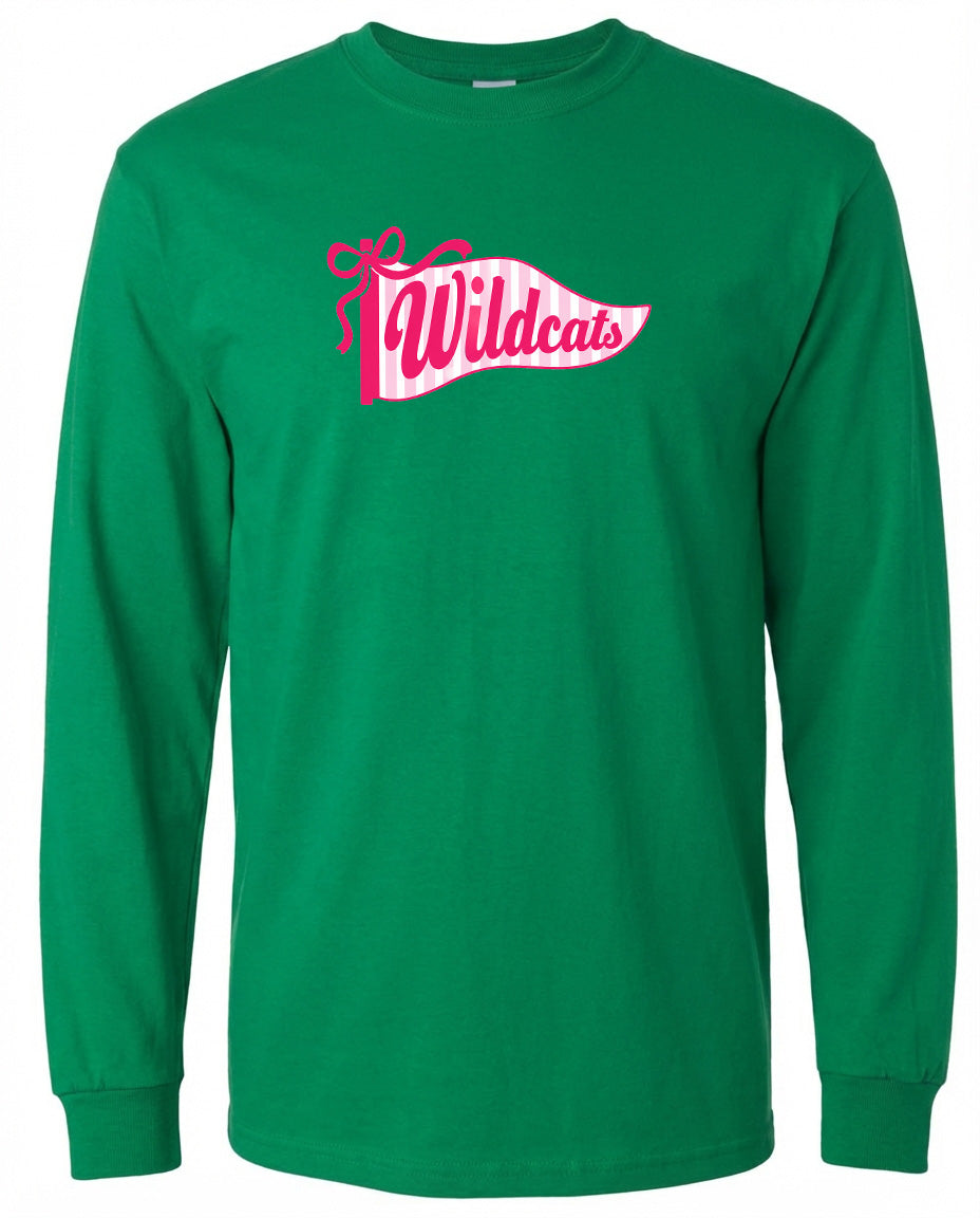 A long-sleeved green t-shirt with a pink banner that says "Wildcats" printed on it.