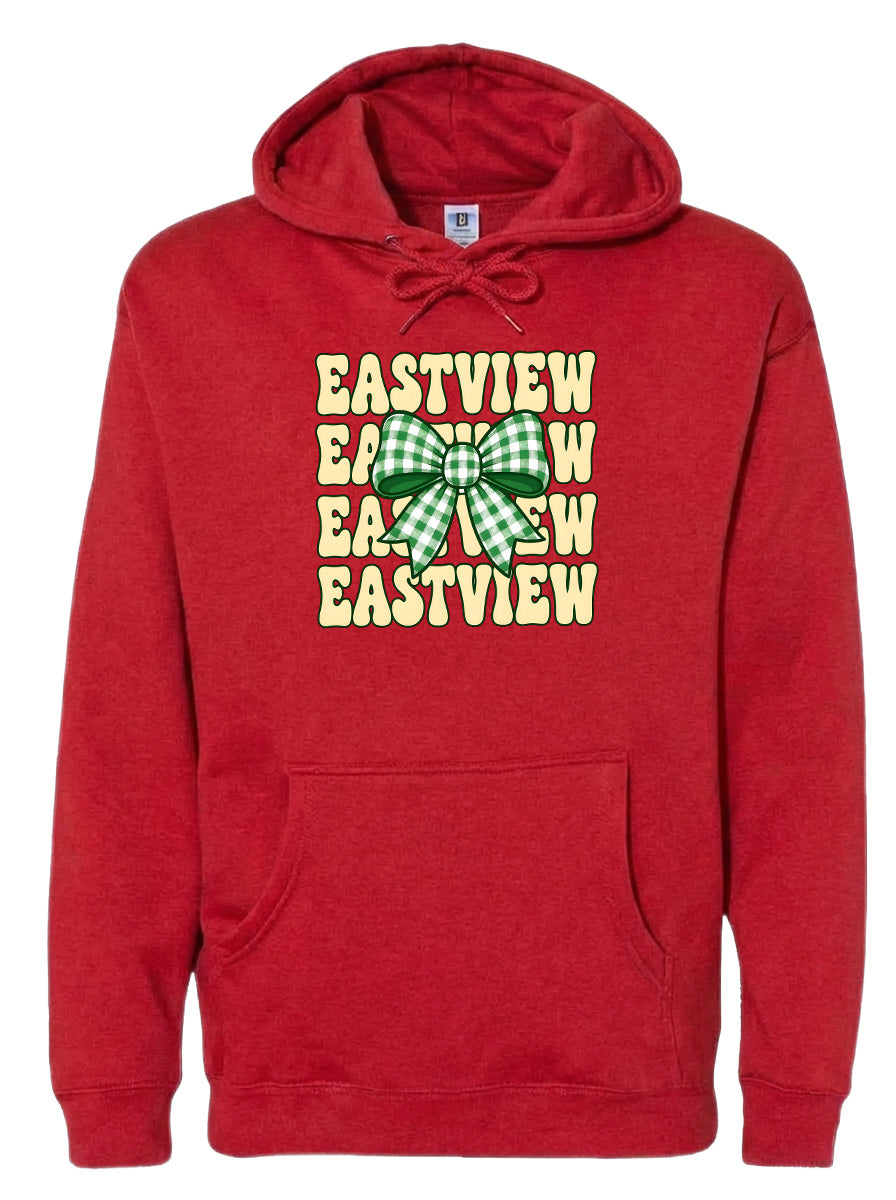 A red hoodie with a green and white bow on the front.