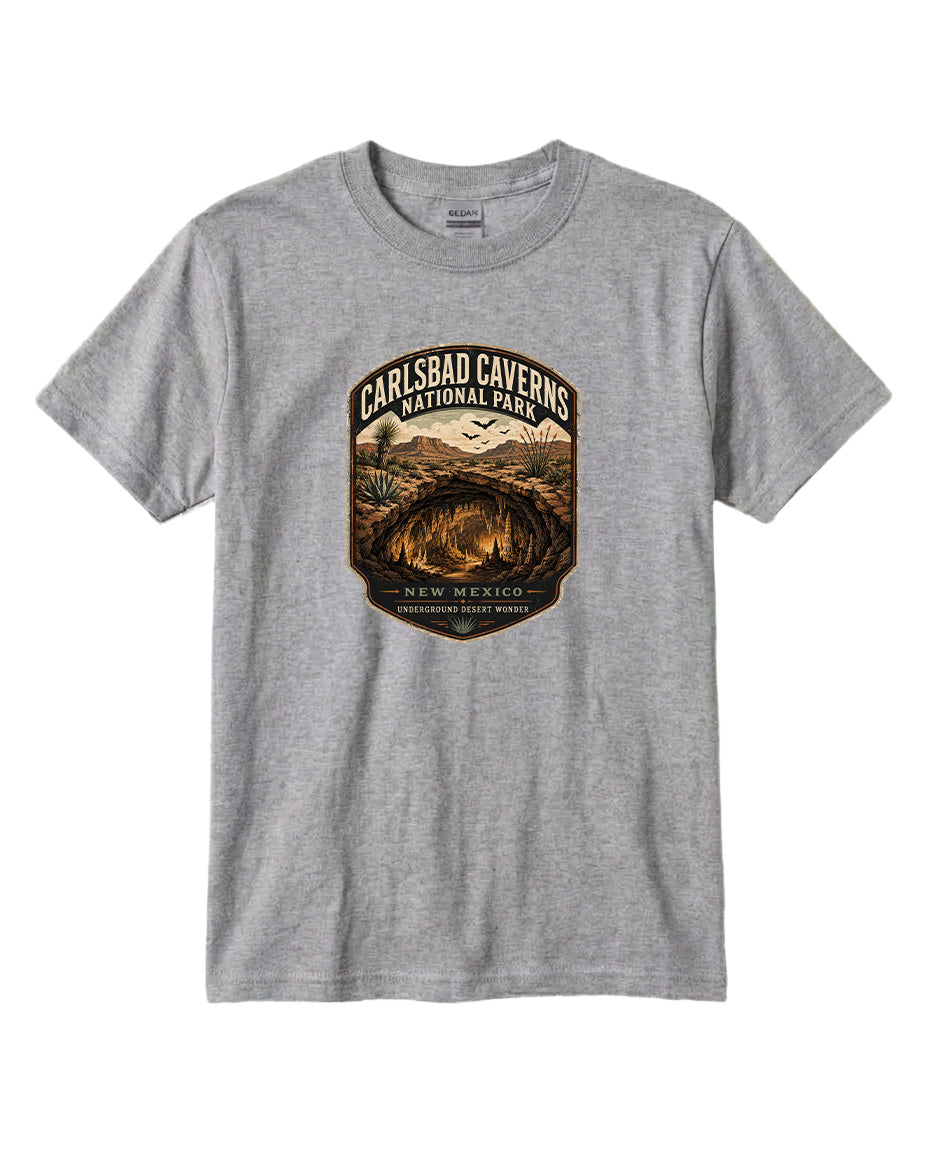 A gray t-shirt with a graphic design featuring a desert landscape and the text "CARLSBAD CAVENS NATIONAL PARK NEW MEXICO UNDERGROUND WONDERS".