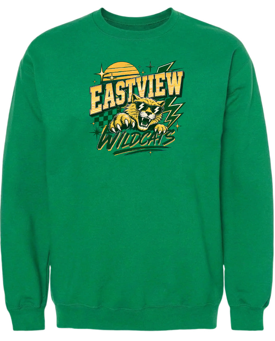 A green sweatshirt with a graphic design featuring a tiger and the text "EASTVIEW WILDCATS" printed on it.