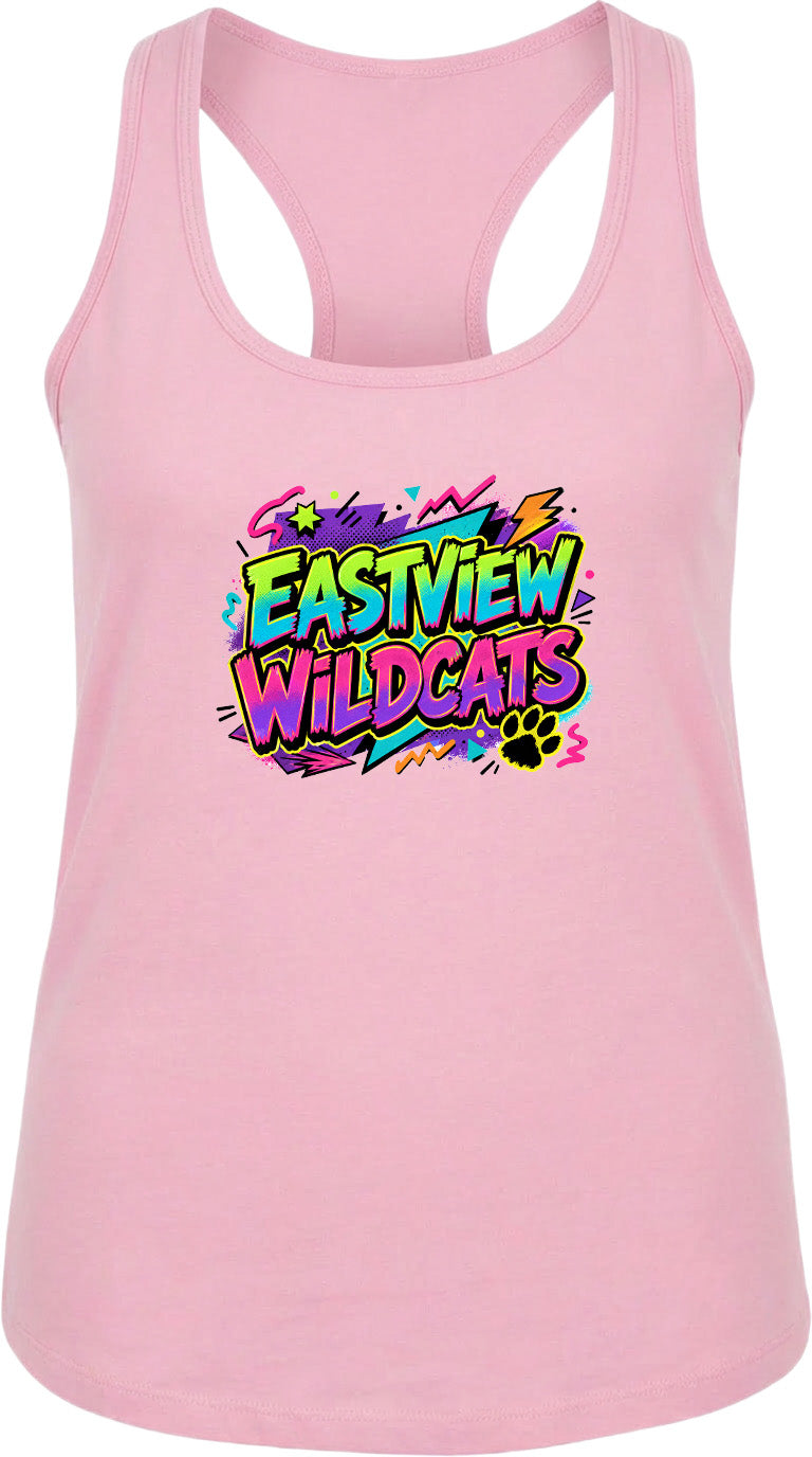 A pink tank top with a colorful graphic design featuring the text "EASTVIEW WILDCATS" and a paw print.