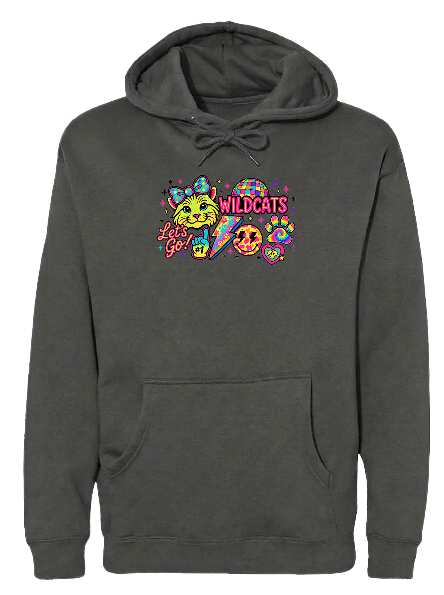 A gray hoodie with a colorful graphic design featuring a cat and the text "Wildcats" along with other whimsical elements.