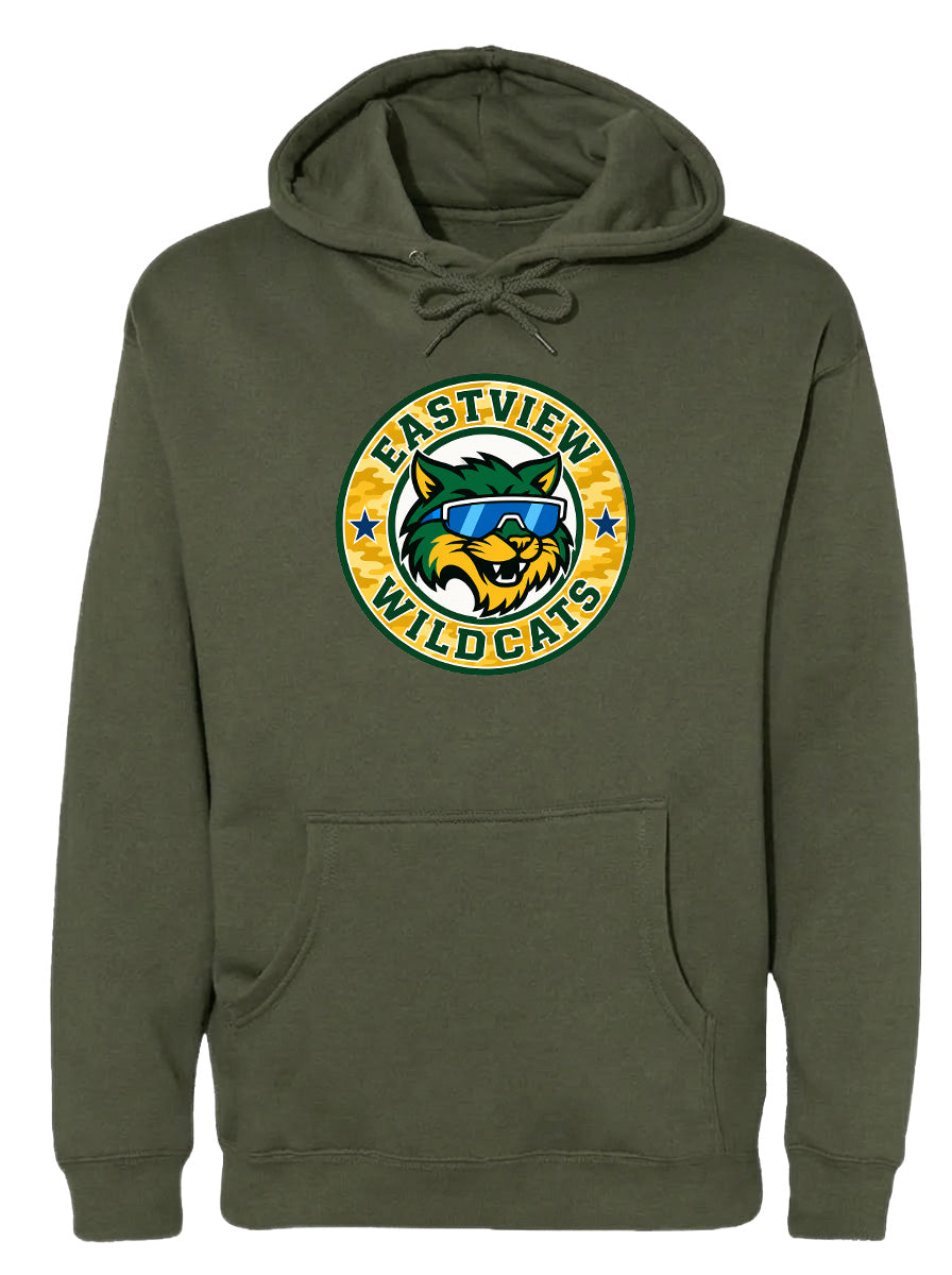 A dark green hoodie with a circular logo on the front.