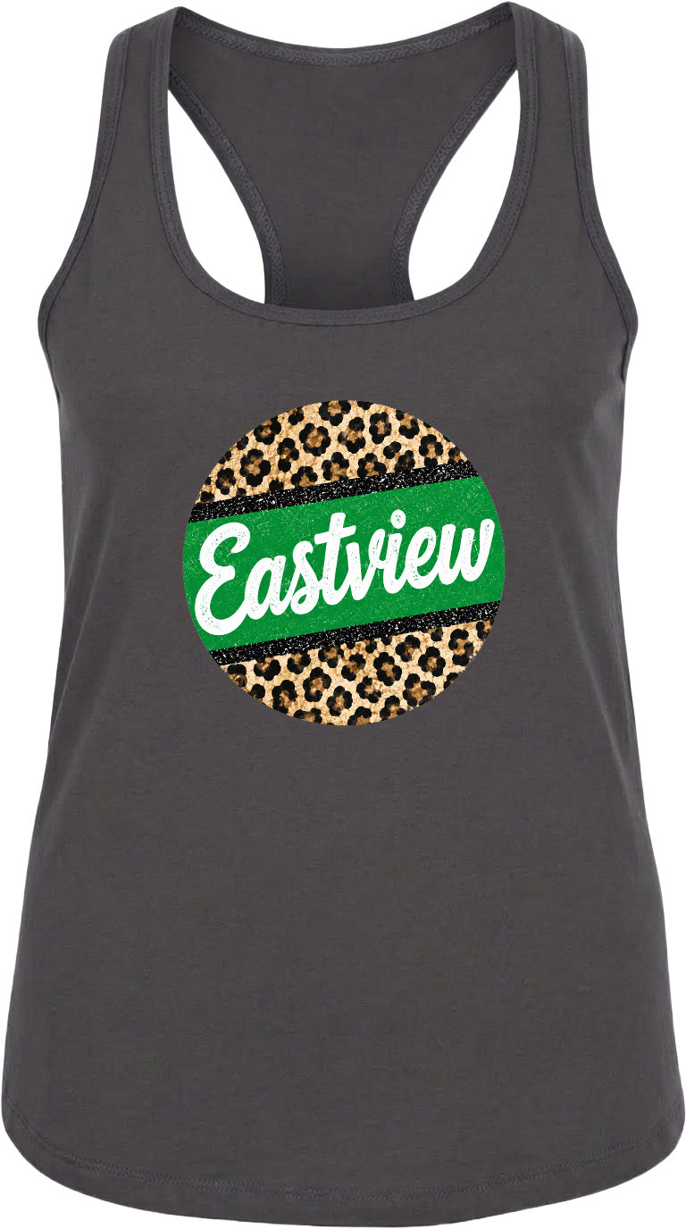 A gray tank top with a leopard print design and the word "Eastview" printed on it.