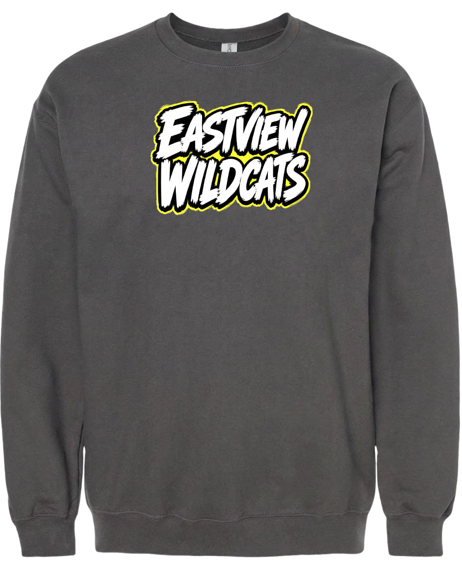 A gray sweatshirt with a large yellow and white logo that says "Eastview Wildcats".