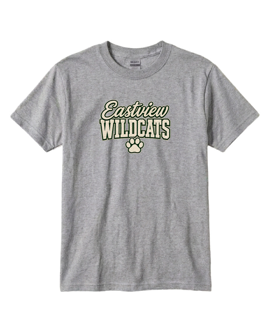 A gray t-shirt with the text "Eastview Wildcats" printed on it.
