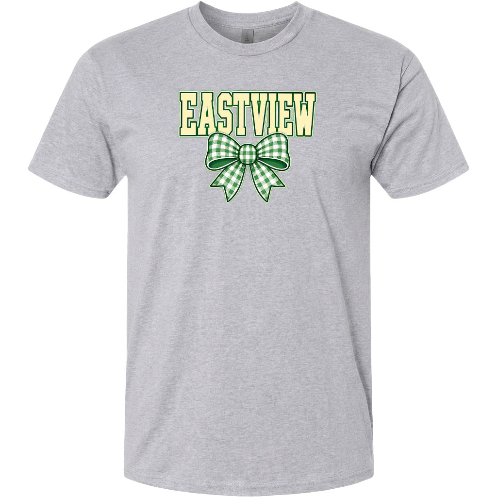 A gray t-shirt with a green and white checkered bow and the word "EASTVIEW" printed on it.