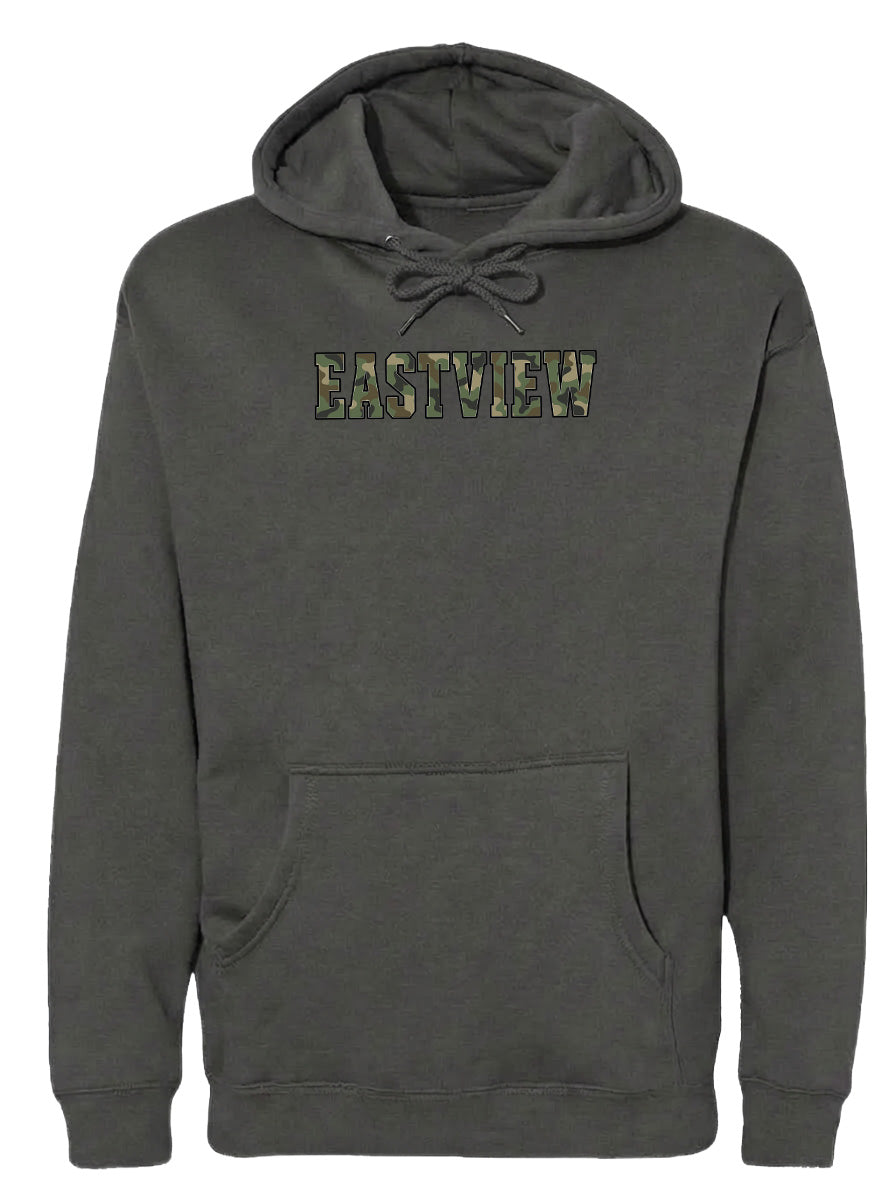 A gray hooded sweatshirt with the word "EASTVIEW" printed on it in a camouflage pattern.