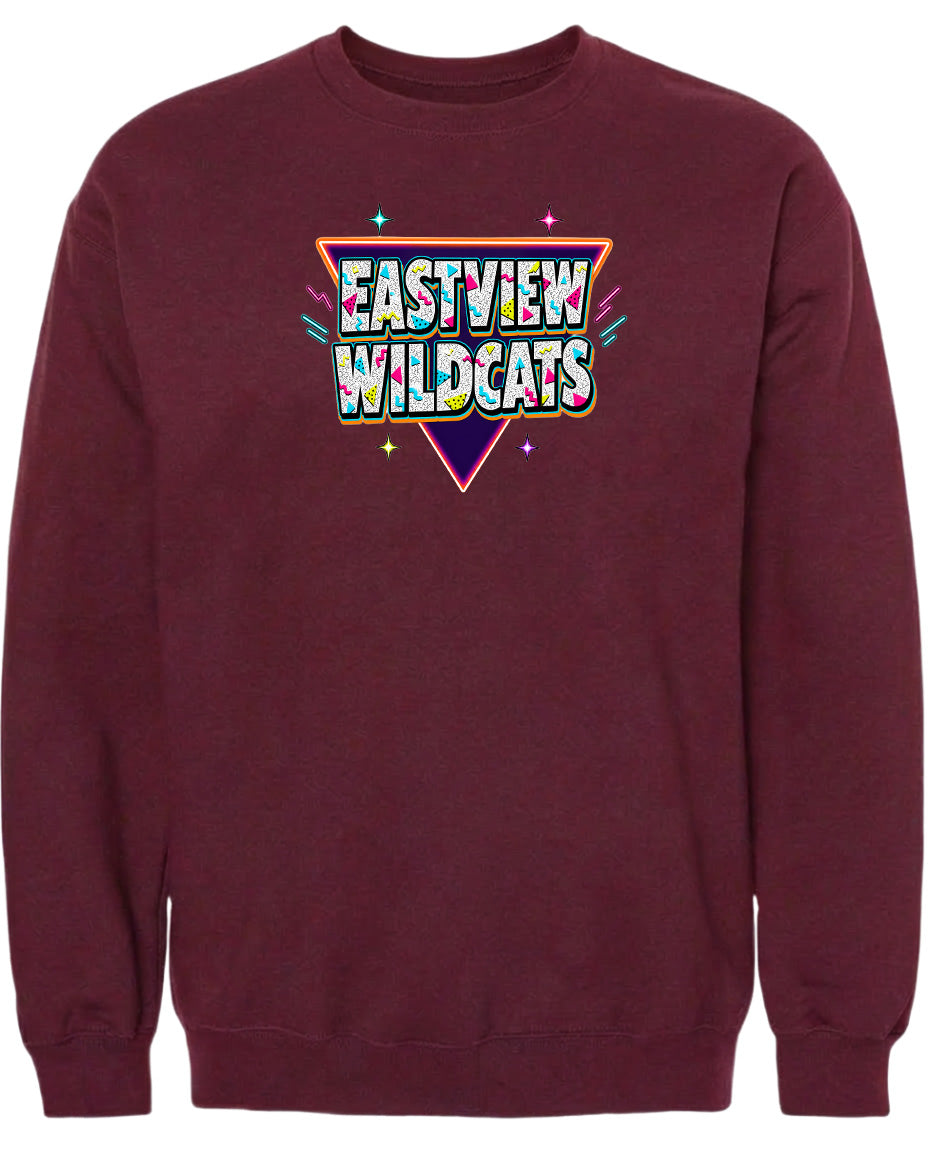 A burgundy-colored sweatshirt with a graphic design featuring the text "EASTVIEW WILDCATS" in a colorful, retro-style font.
