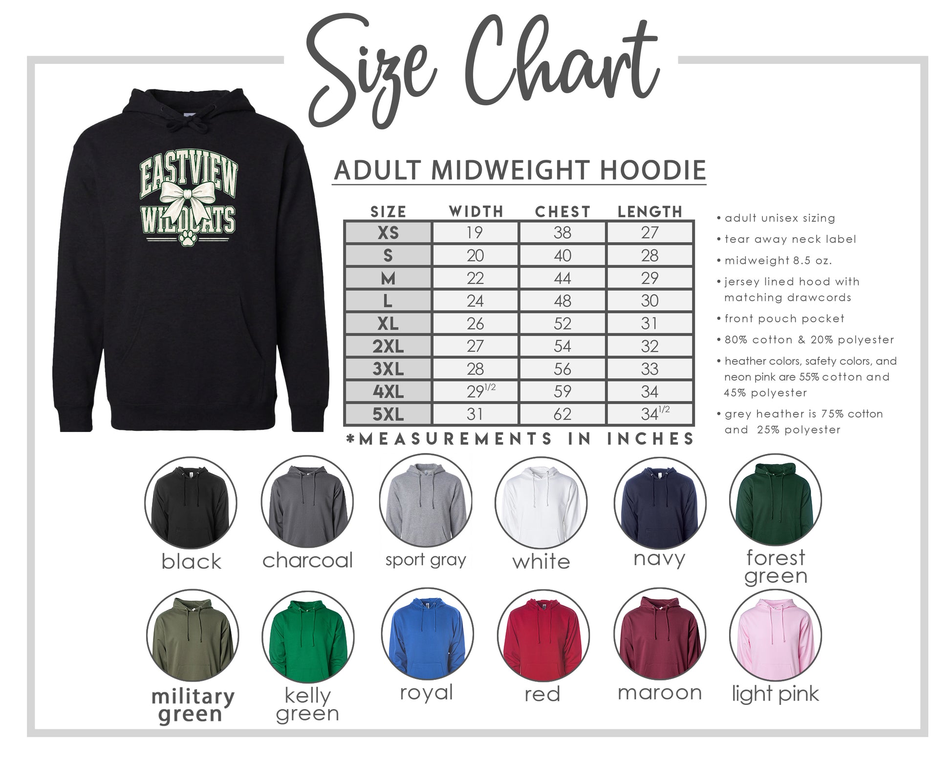 The image is a size chart for an adult midweight hoodie, including various color options and corresponding measurements in inches.