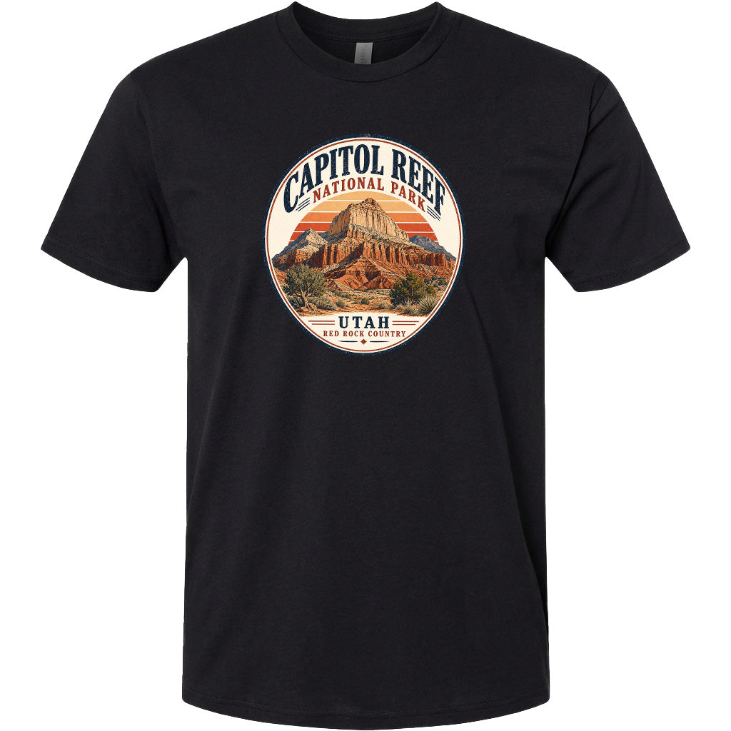 A black t-shirt with a circular graphic design featuring the Capitol Reef National Park in Utah.