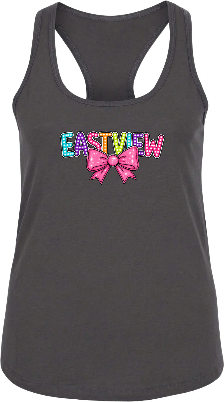 A gray tank top with a colorful bow and the word "EASTVIEW" printed on it.