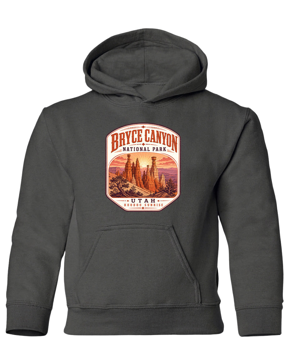A gray hooded sweatshirt with a graphic design depicting the Bryce Canyon National Park in Utah.
