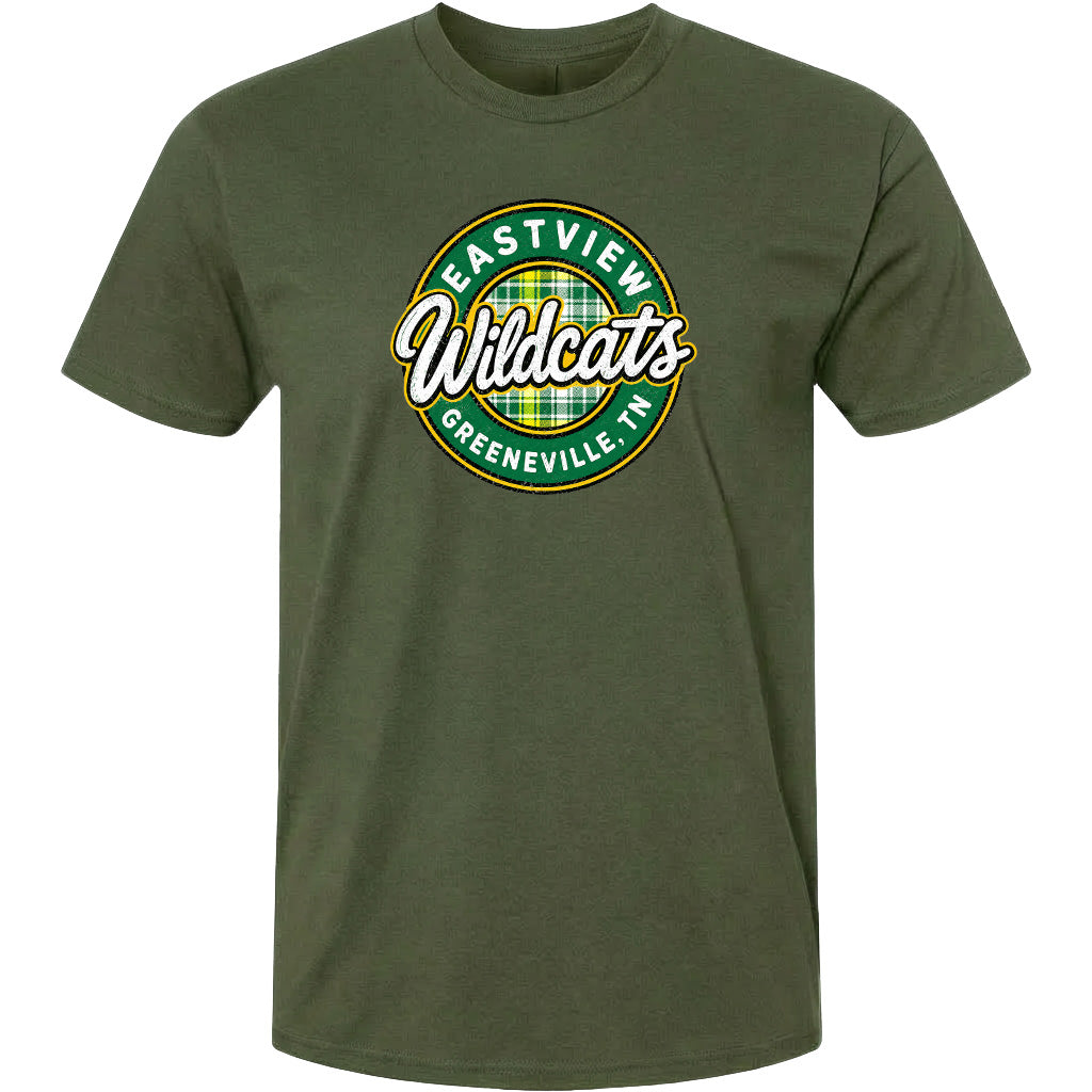 A green t-shirt with a circular logo that says "Eastview Wildcats Greeneville, TN".