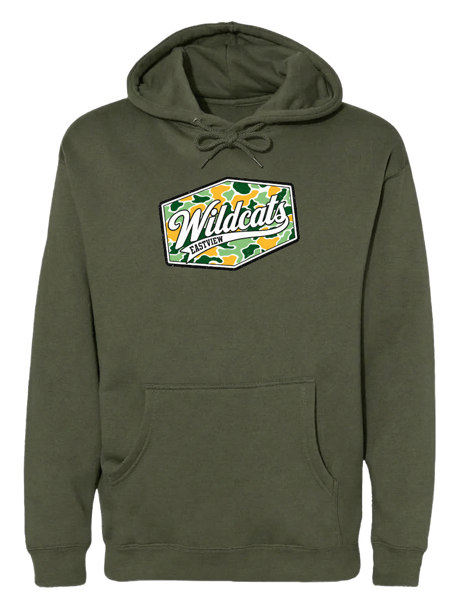 A dark green hoodie with a logo on the front.