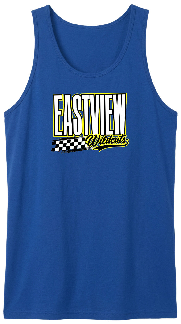 A blue tank top with a graphic design featuring the text "EASTVIEW Wildcats" in yellow and black.
