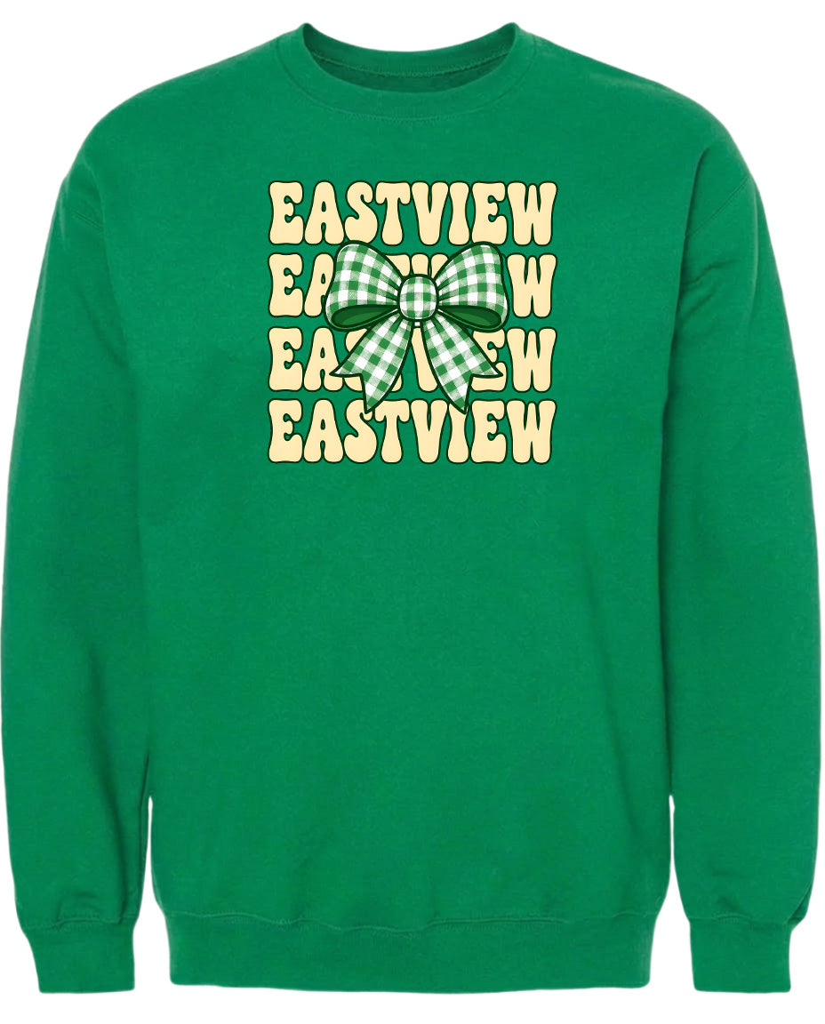 A green sweatshirt with a graphic design featuring a bow and the text "EASTVIEW" repeated multiple times.