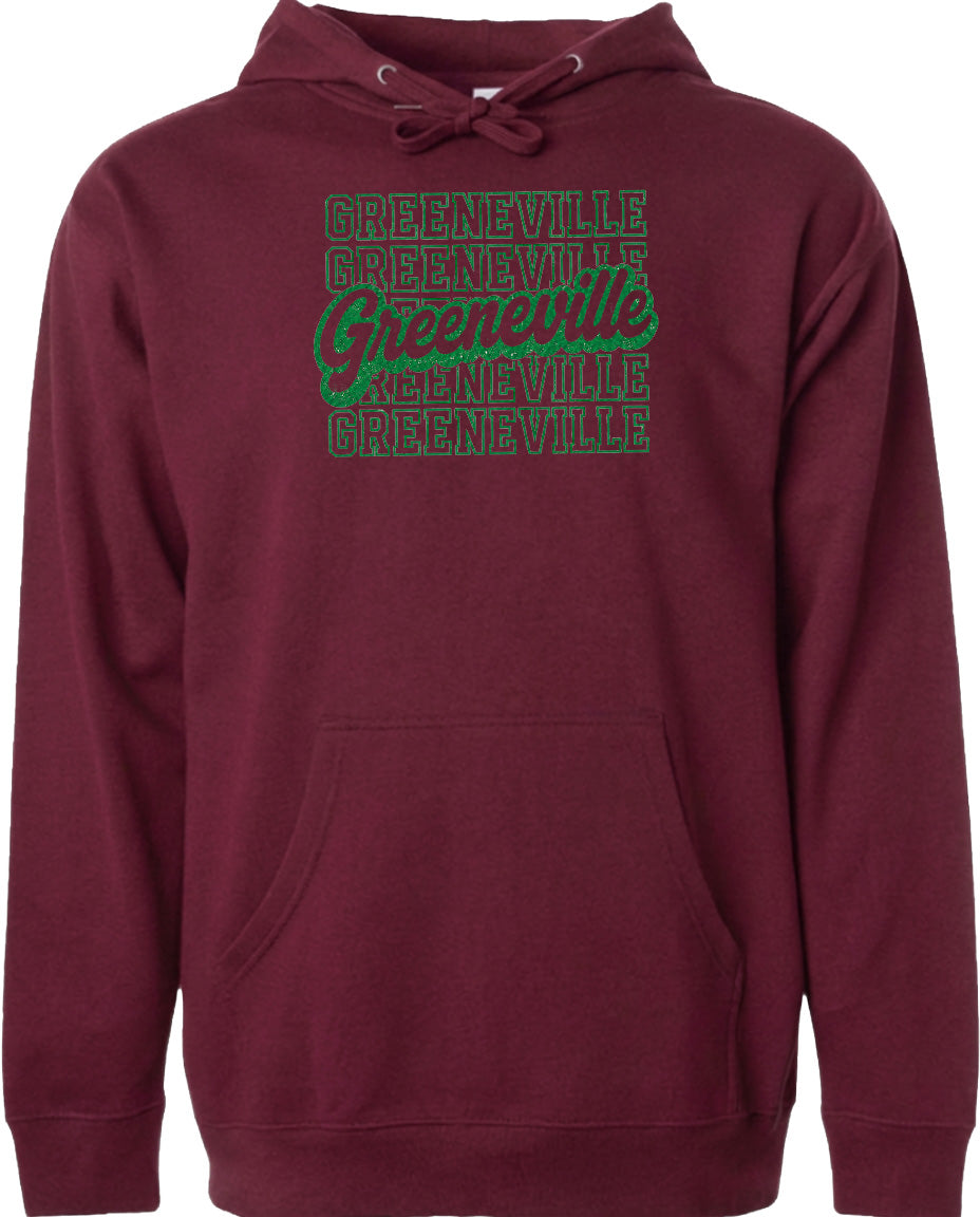 A burgundy-colored hoodie with the text "Greenville" printed in green on the front.