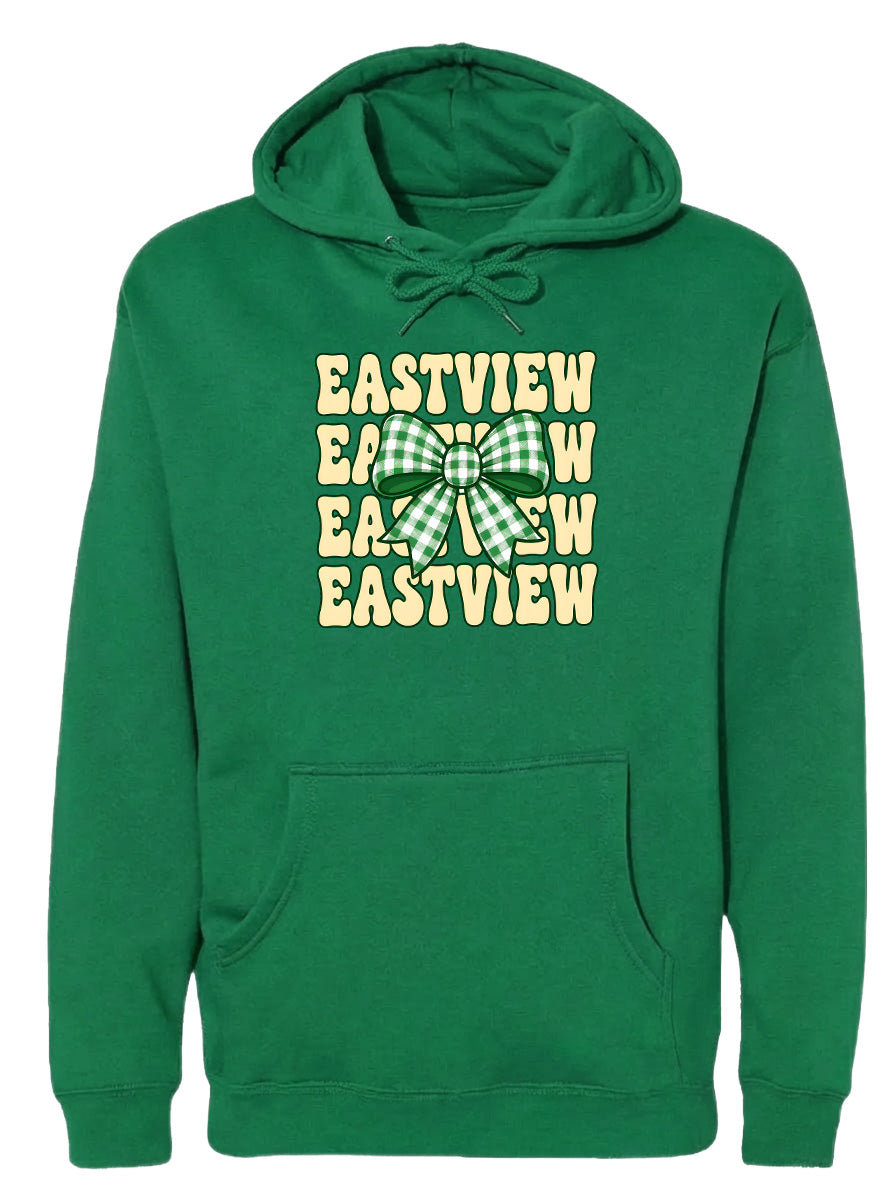 A green hoodie with a graphic design featuring a bow and the text "EASTVIEW" repeated multiple times.