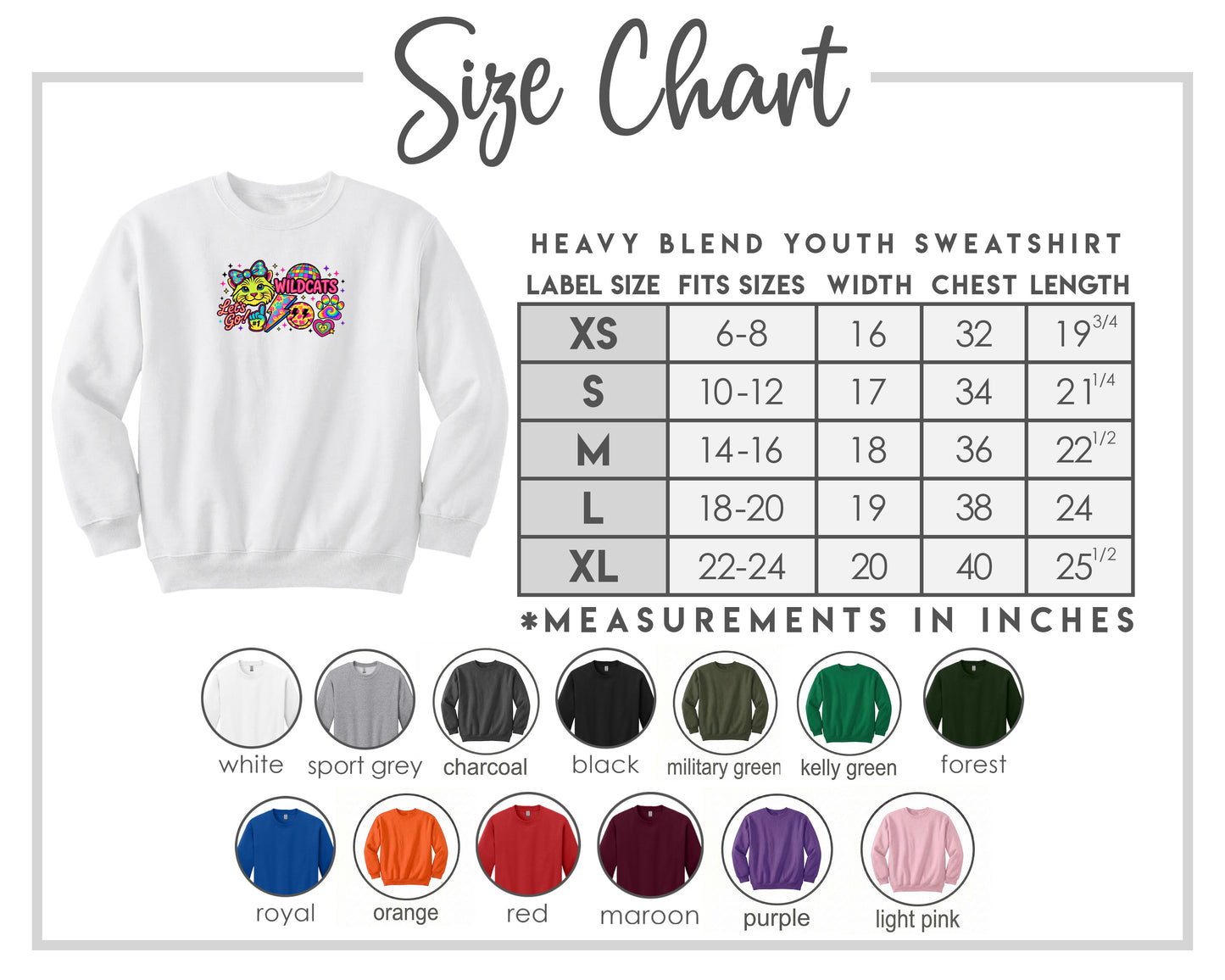 The image is a size chart for a heavy blend youth sweatshirt, including various color options and corresponding measurements in inches.