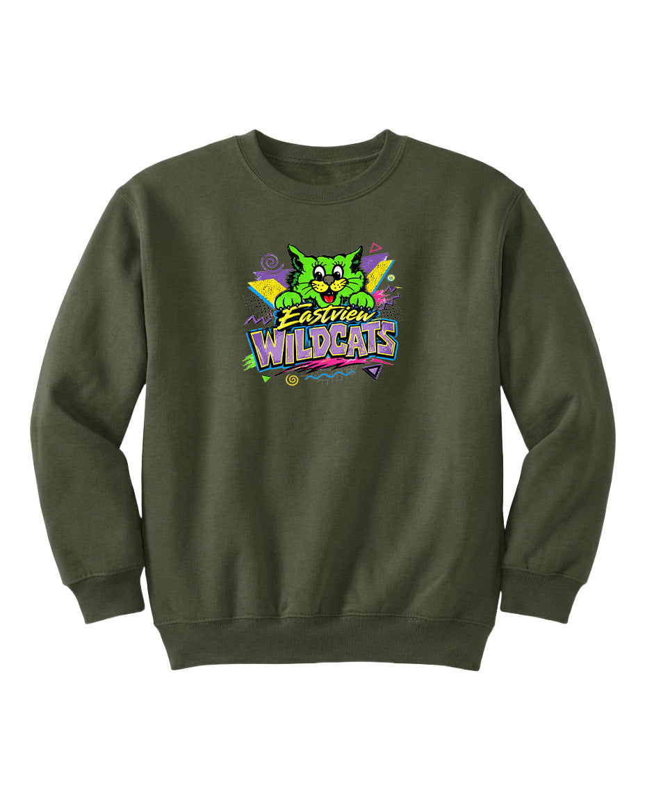 A dark green sweatshirt with a colorful graphic design featuring a cartoon cat and the text "Easton Wildcats".
