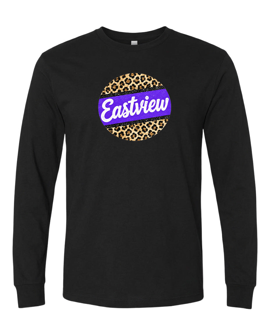 A black long-sleeved t-shirt with a purple and leopard print circular logo on the front.