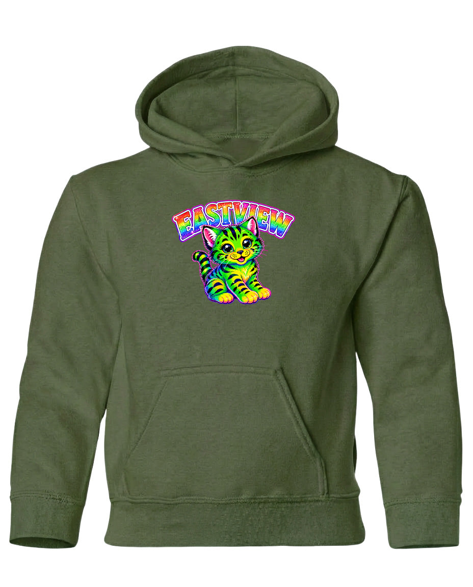 A green hoodie with a colorful graphic of a cat and the text "EASTVIEW" printed on it.